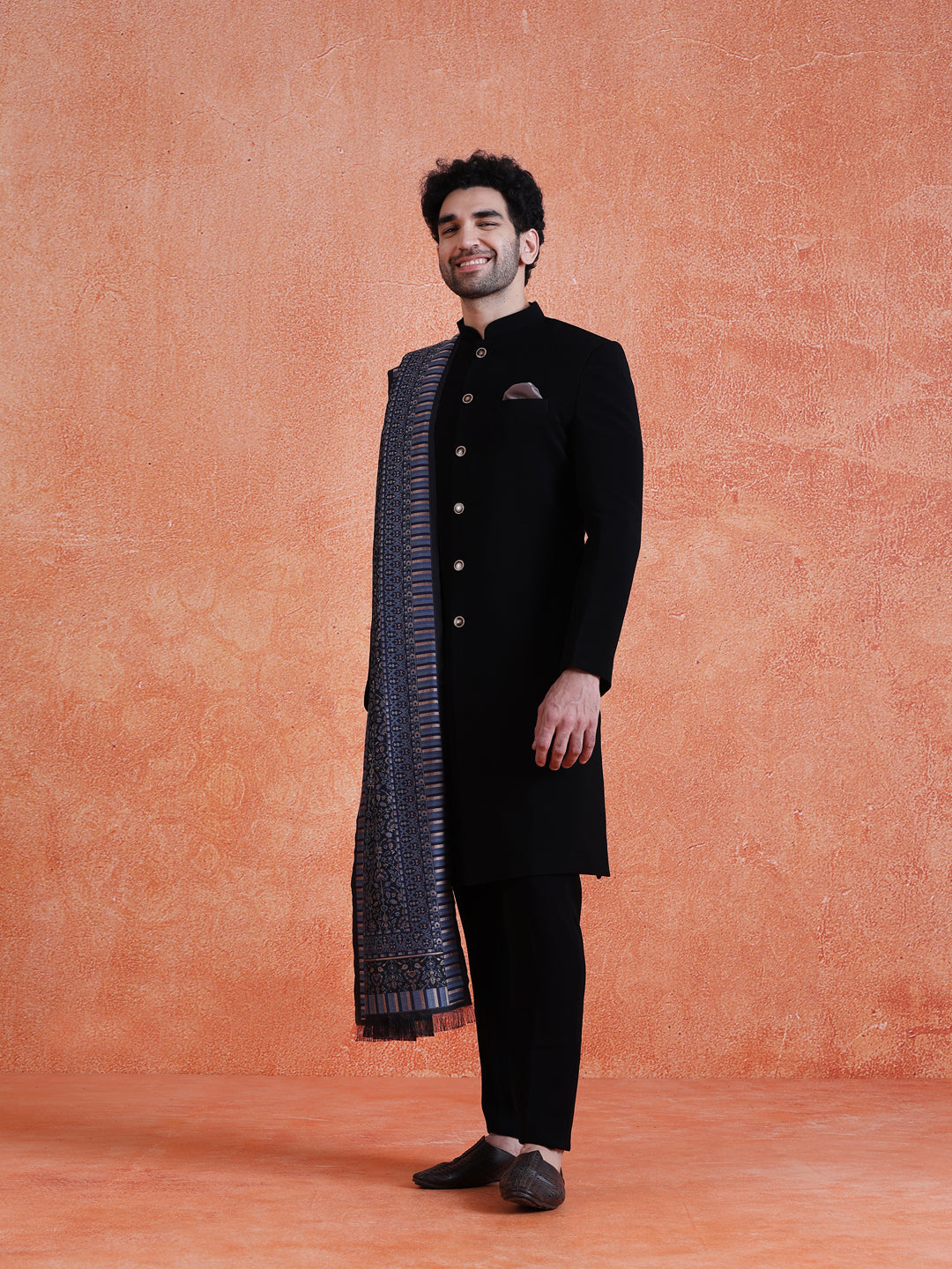 Dark Blue Silk Blend Jacquard Dupatta