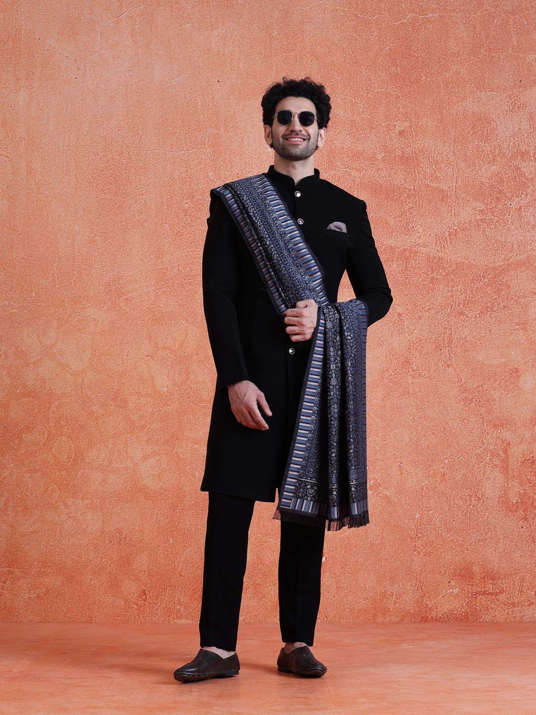 Dark Blue Silk Blend Jacquard Dupatta