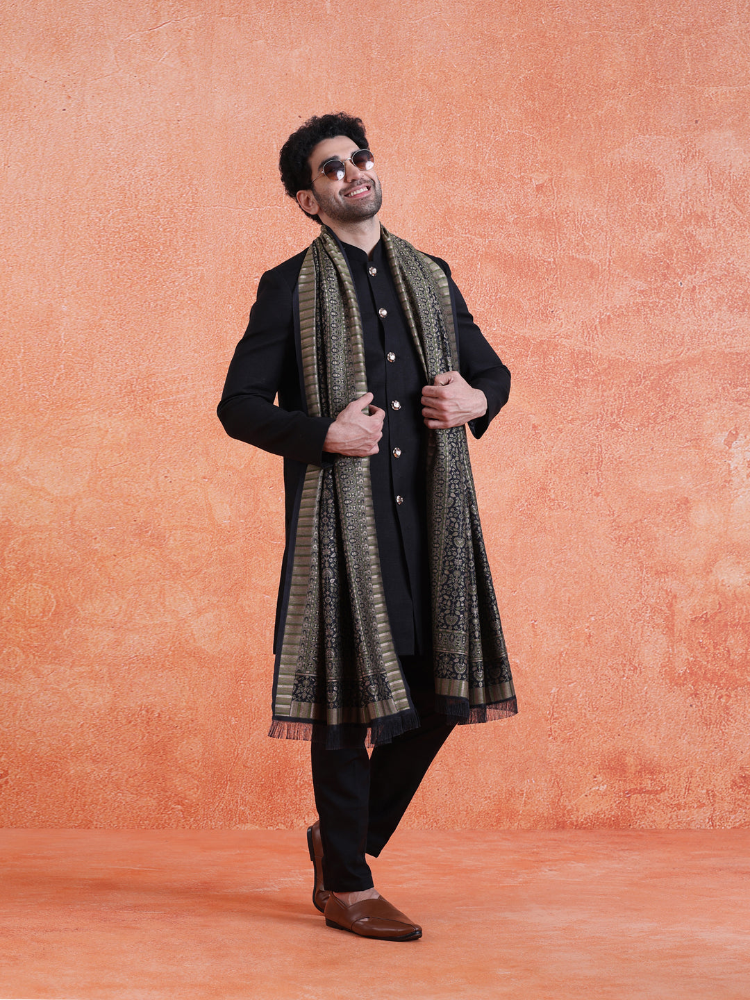 Dark Green Silk Blend Jacquard Dupatta