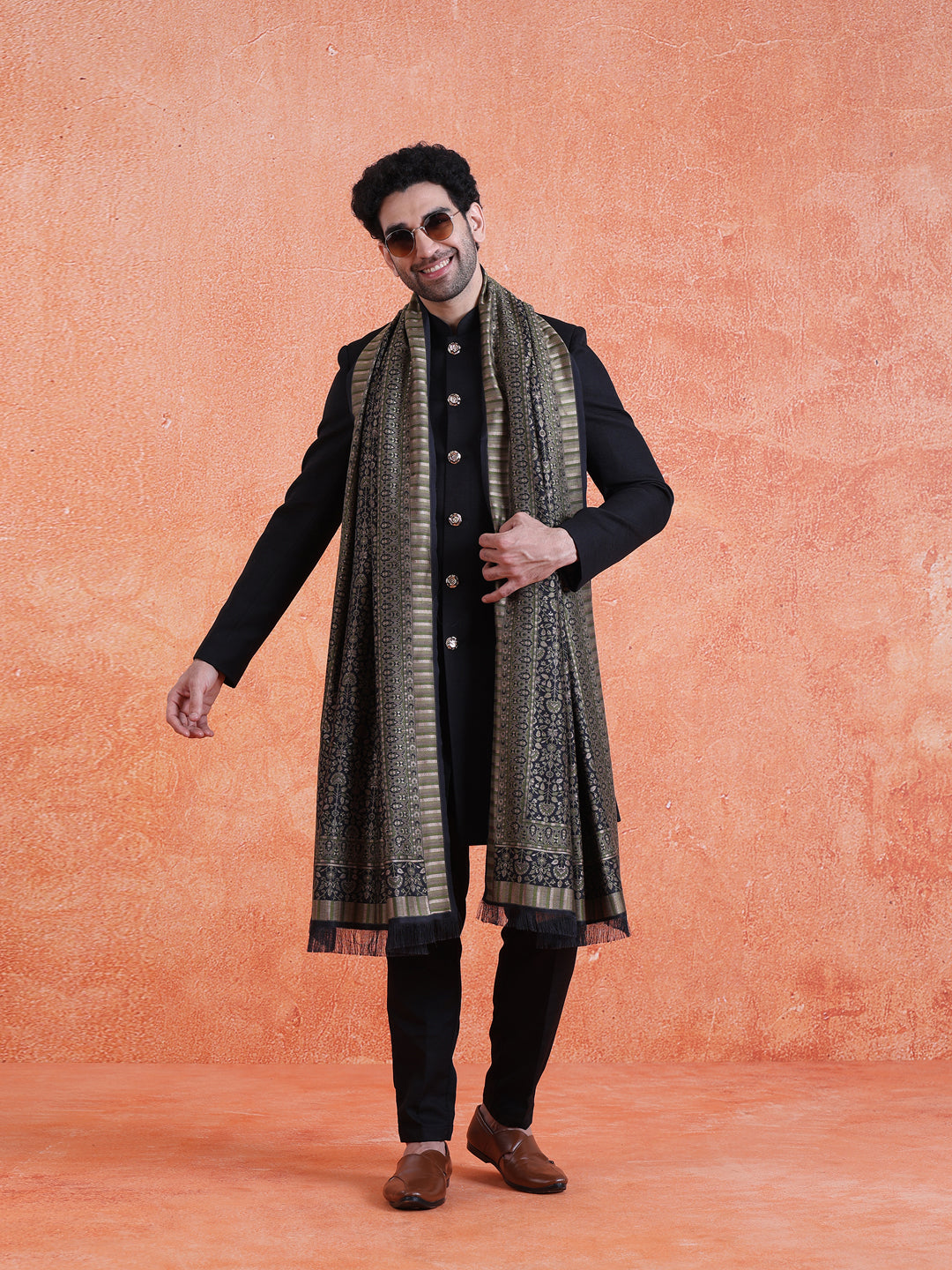 Dark Green Silk Blend Jacquard Dupatta