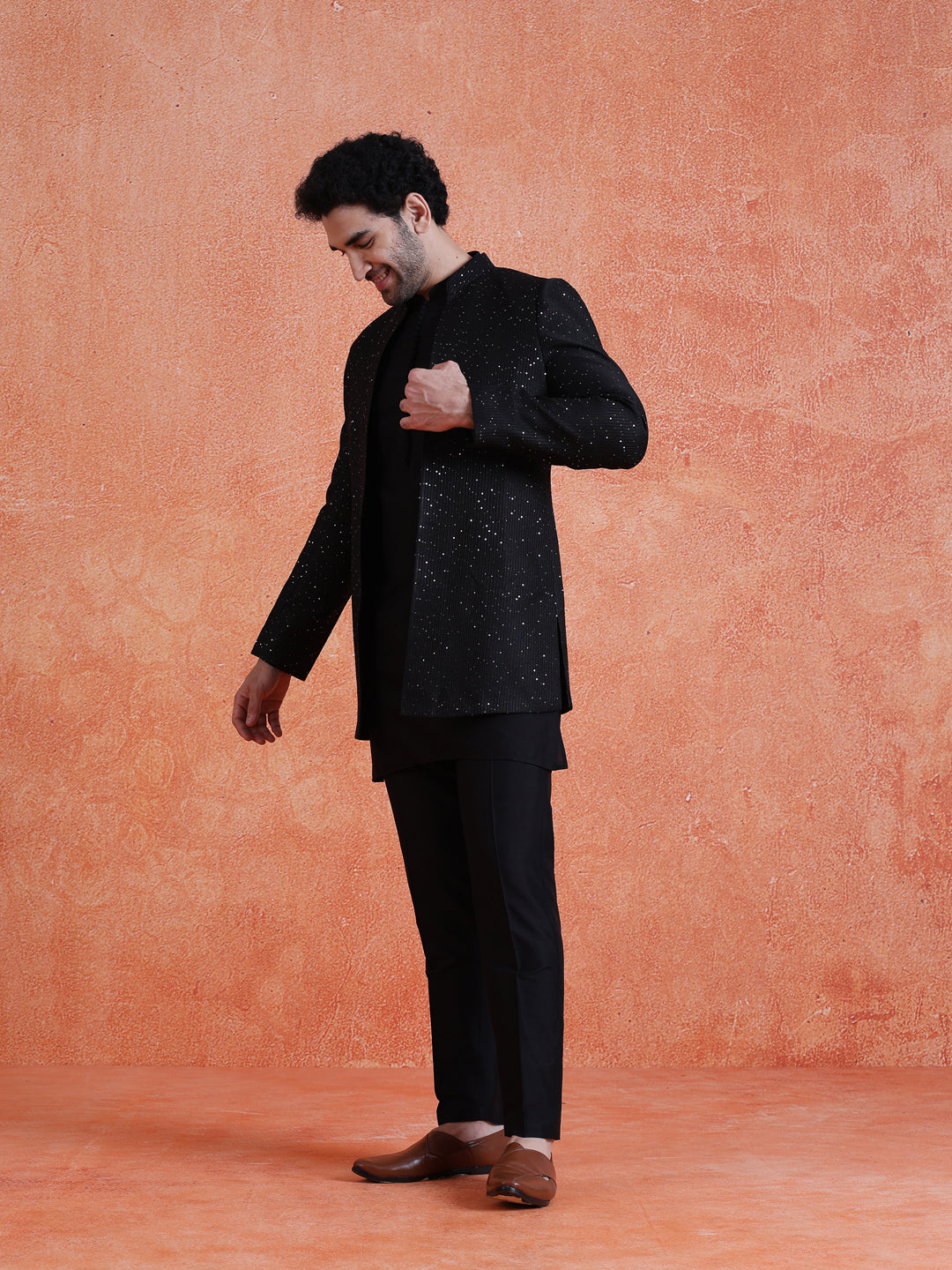 Black Silk Blend Sequin Mid Kurta Front Open Double Layer Short Sherwani Trouser Set