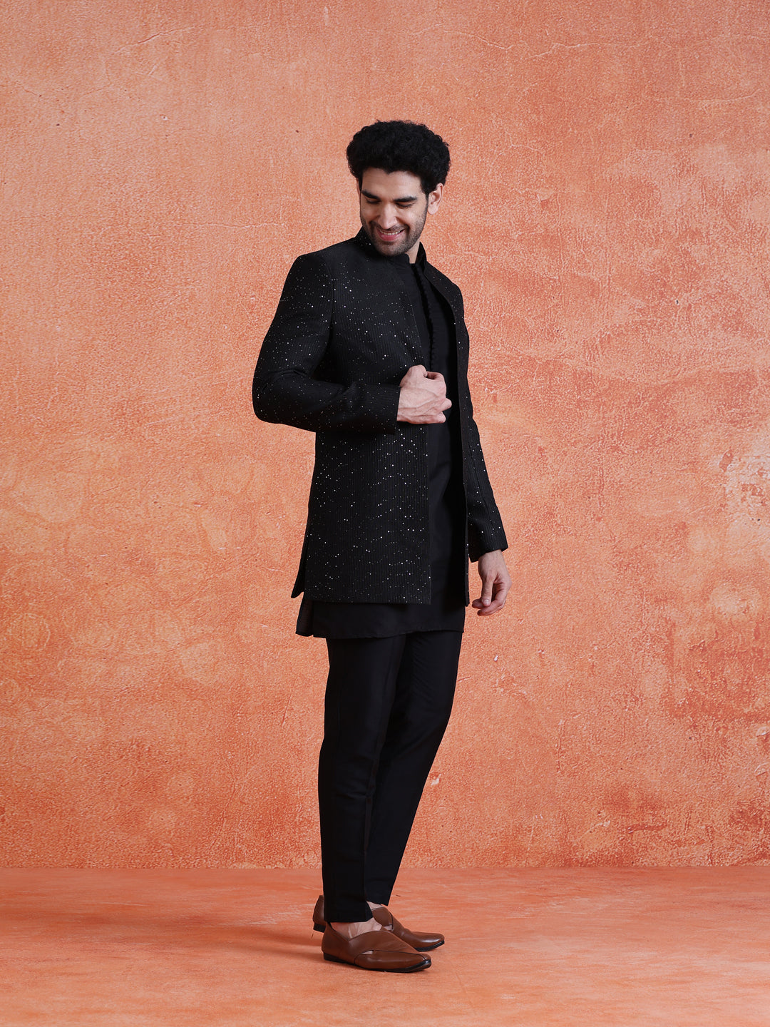 Black Silk Blend Sequin Mid Kurta Front Open Double Layer Short Sherwani Trouser Set