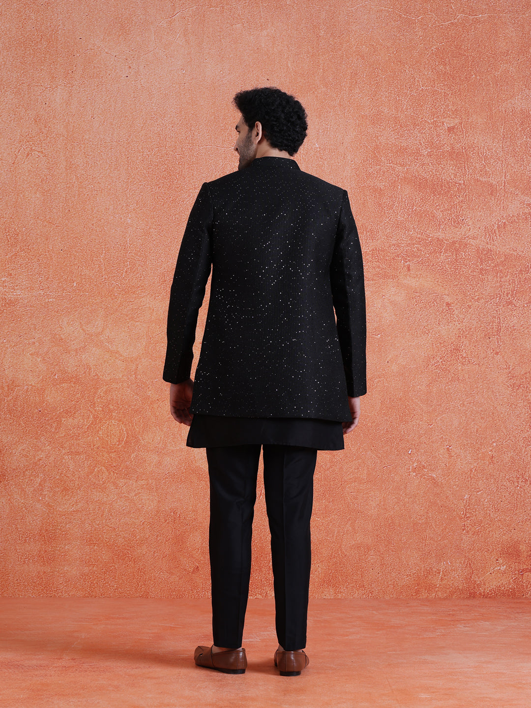 Black Silk Blend Sequin Mid Kurta Front Open Double Layer Short Sherwani Trouser Set