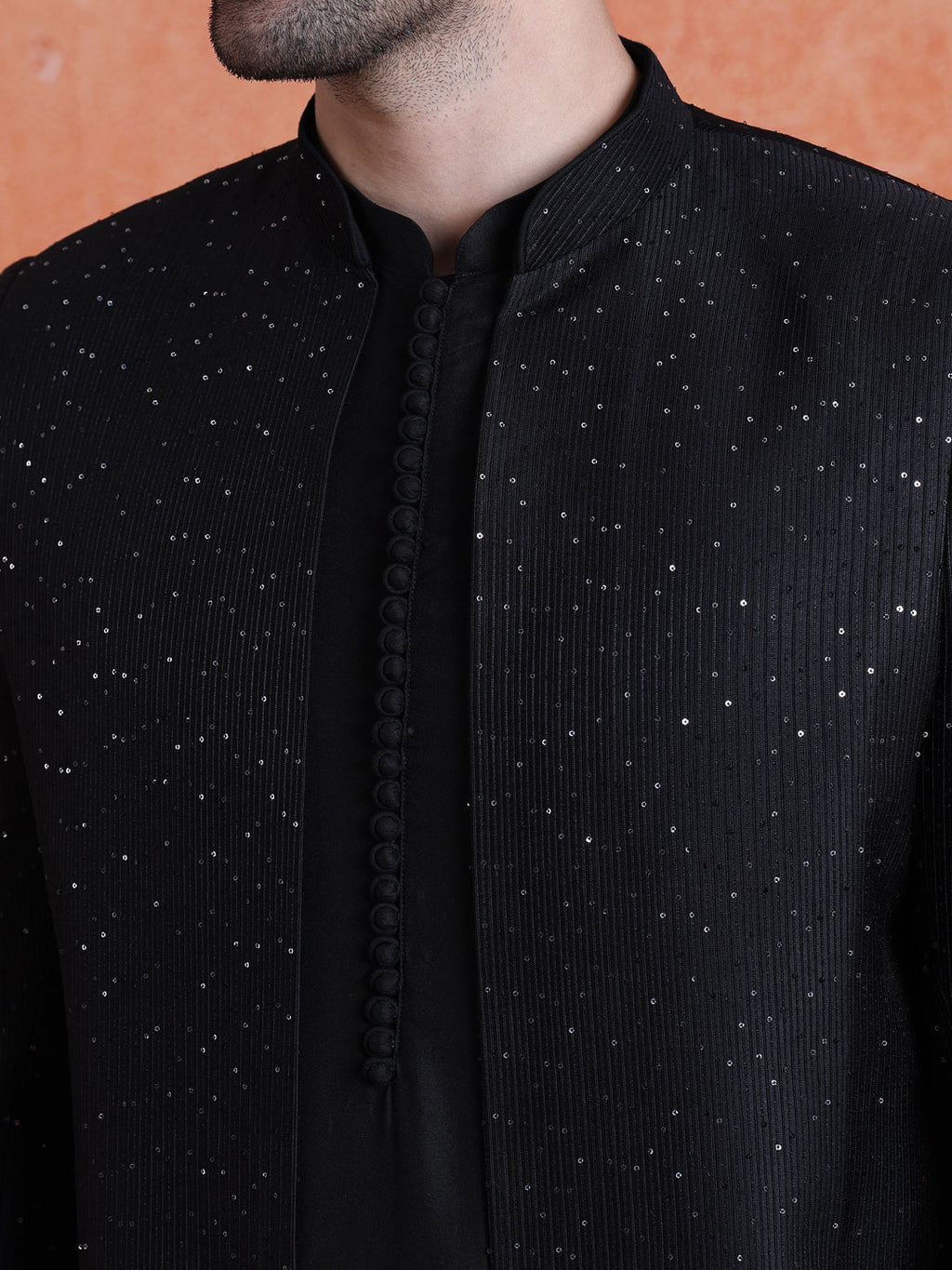 Black Silk Blend Sequin Mid Kurta Front Open Double Layer Short Sherwani Trouser Set