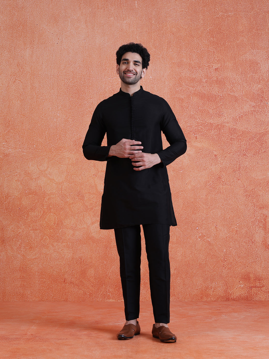 Black Silk Blend Sequin Mid Kurta Front Open Double Layer Short Sherwani Trouser Set