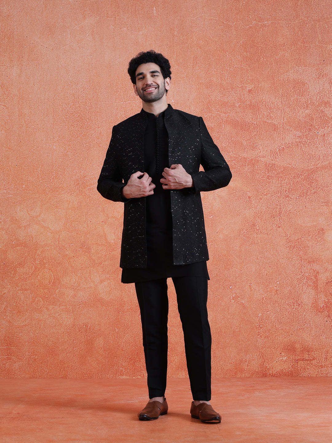 Black Silk Blend Sequin Mid Kurta Front Open Double Layer Short Sherwani Trouser Set