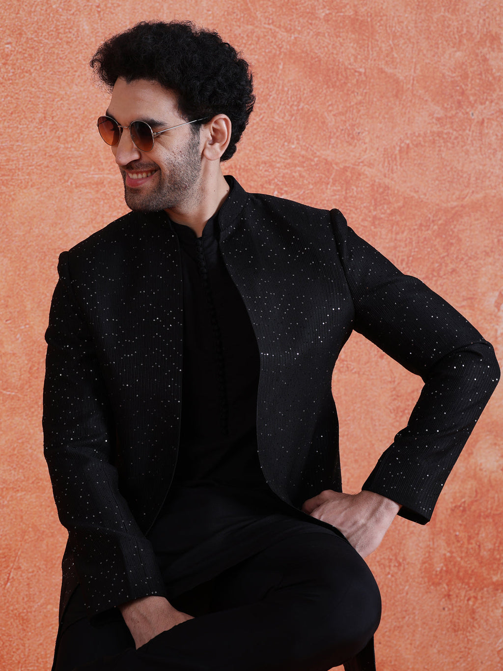 Black Silk Blend Sequin Mid Kurta Front Open Double Layer Short Sherwani Trouser Set