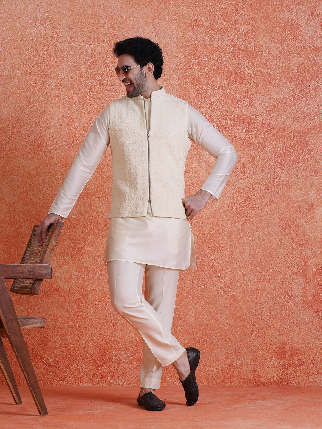 White Silk Blend Jacquard Mid Kurta Jacket With Zip Trouser Set