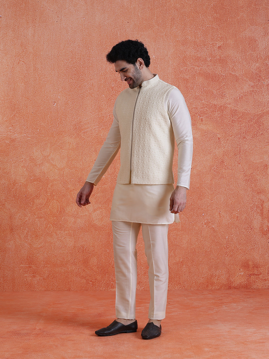 White Silk Blend Jacquard Mid Kurta Jacket With Zip Trouser Set