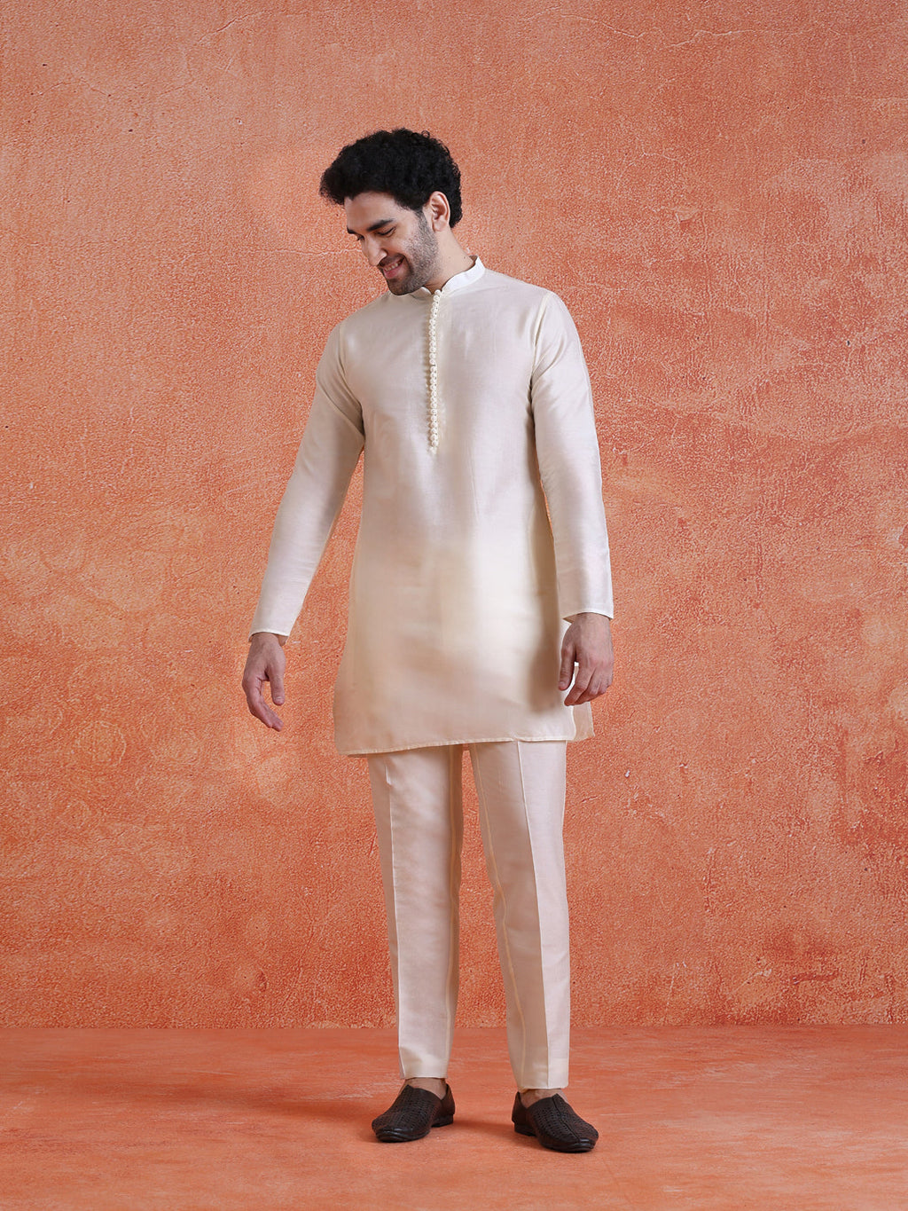 White Silk Blend Jacquard Mid Kurta Jacket With Zip Trouser Set