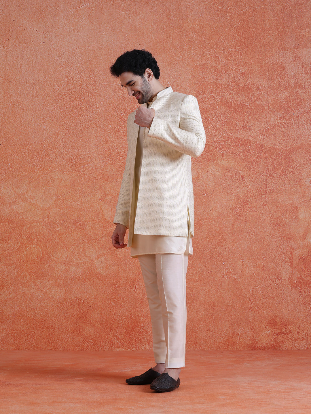 White Silk Blend Jacquard Short Sherwani Trouser Set