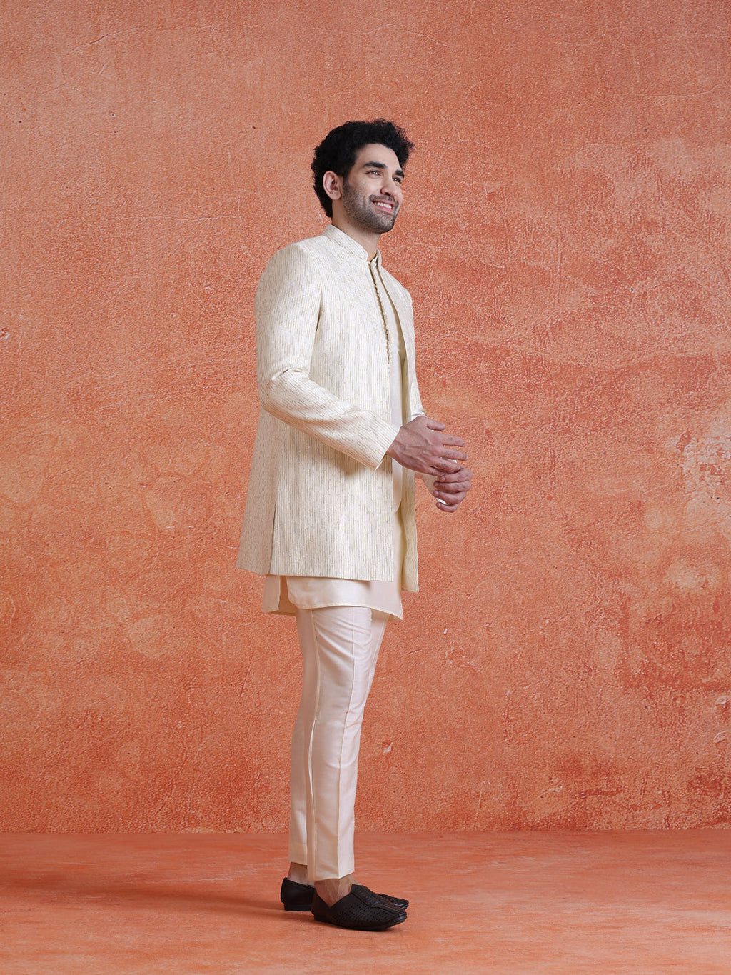 White Silk Blend Jacquard Short Sherwani Trouser Set