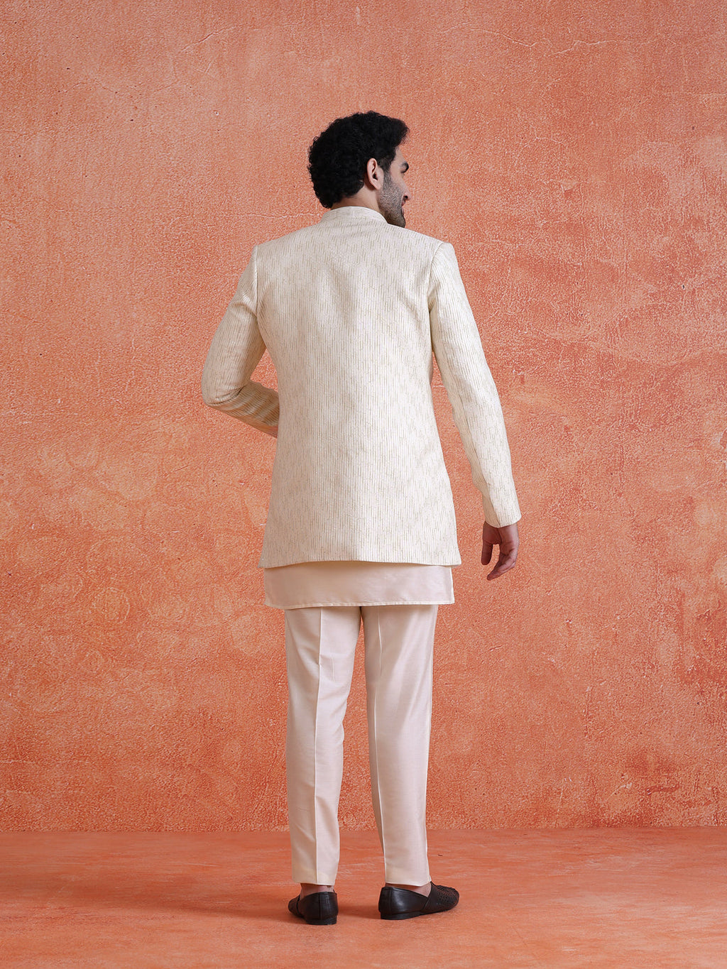 White Silk Blend Jacquard Short Sherwani Trouser Set