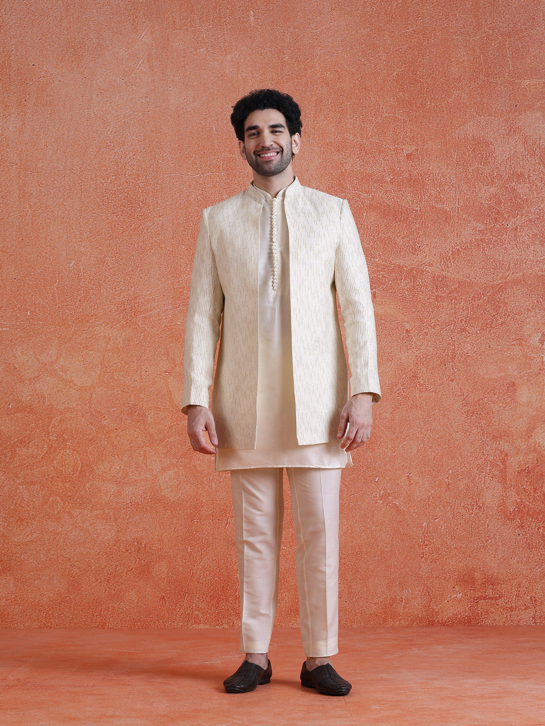 White Silk Blend Jacquard Short Sherwani Trouser Set