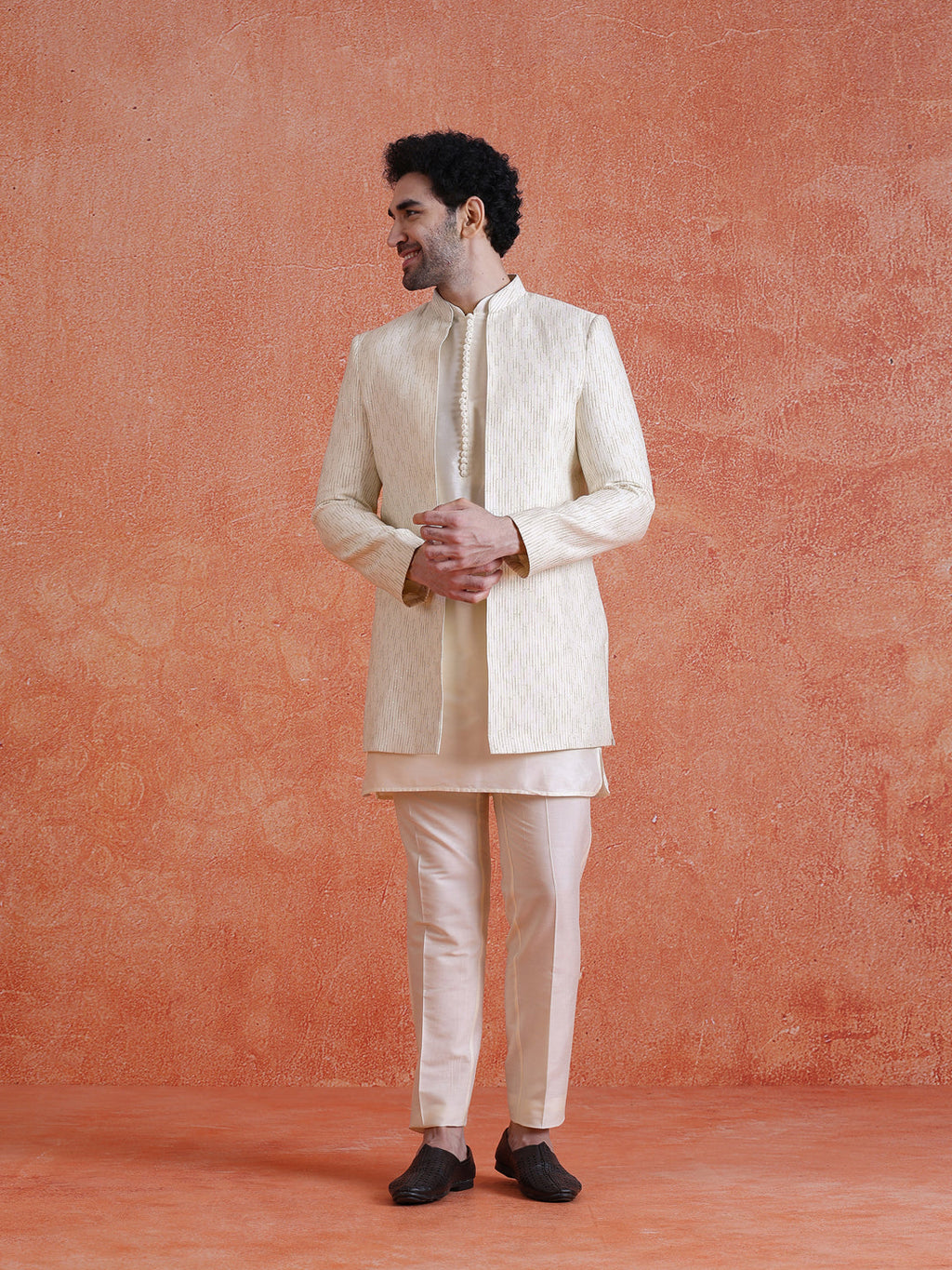 White Silk Blend Jacquard Short Sherwani Trouser Set