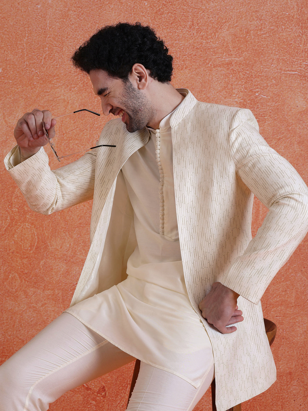 White Silk Blend Jacquard Short Sherwani Trouser Set