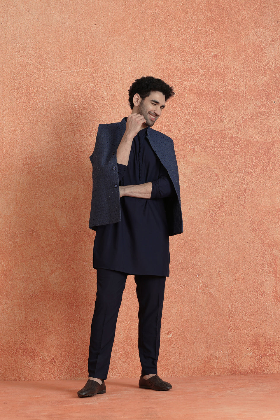 Blue Denim Embellished Mid Kurta Jacket Trouser Set