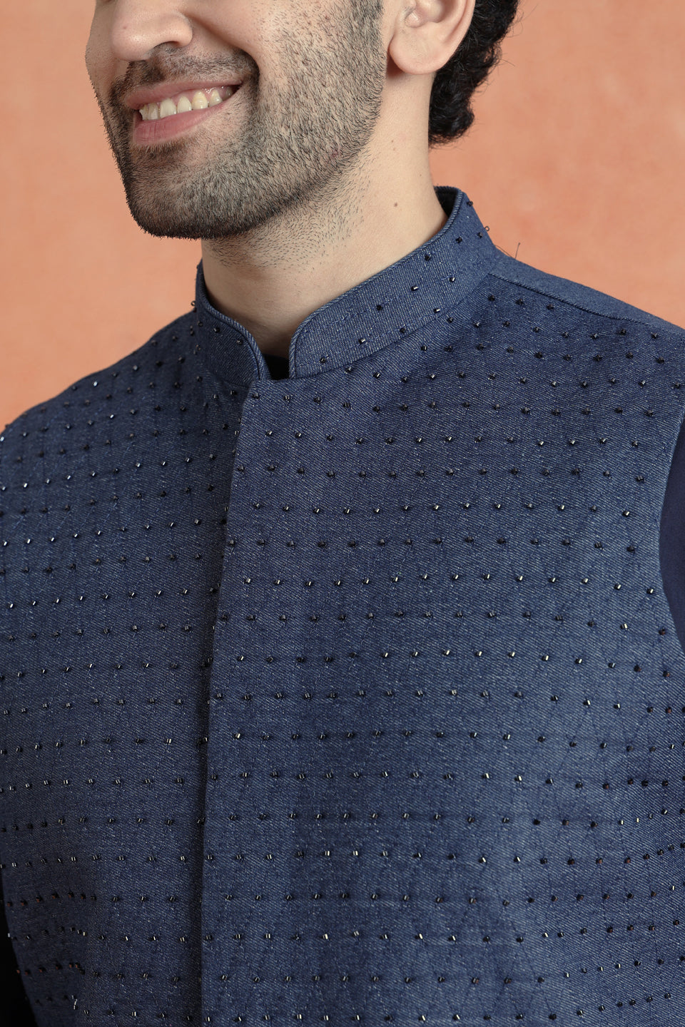 Blue Denim Embellished Mid Kurta Jacket Trouser Set