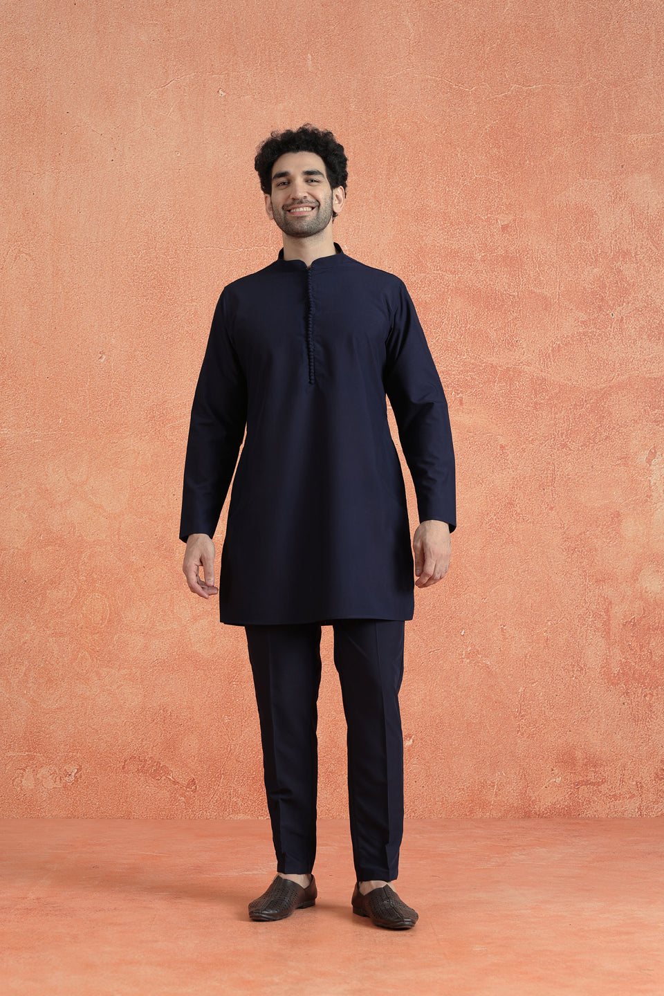 Blue Denim Embellished Mid Kurta Jacket Trouser Set