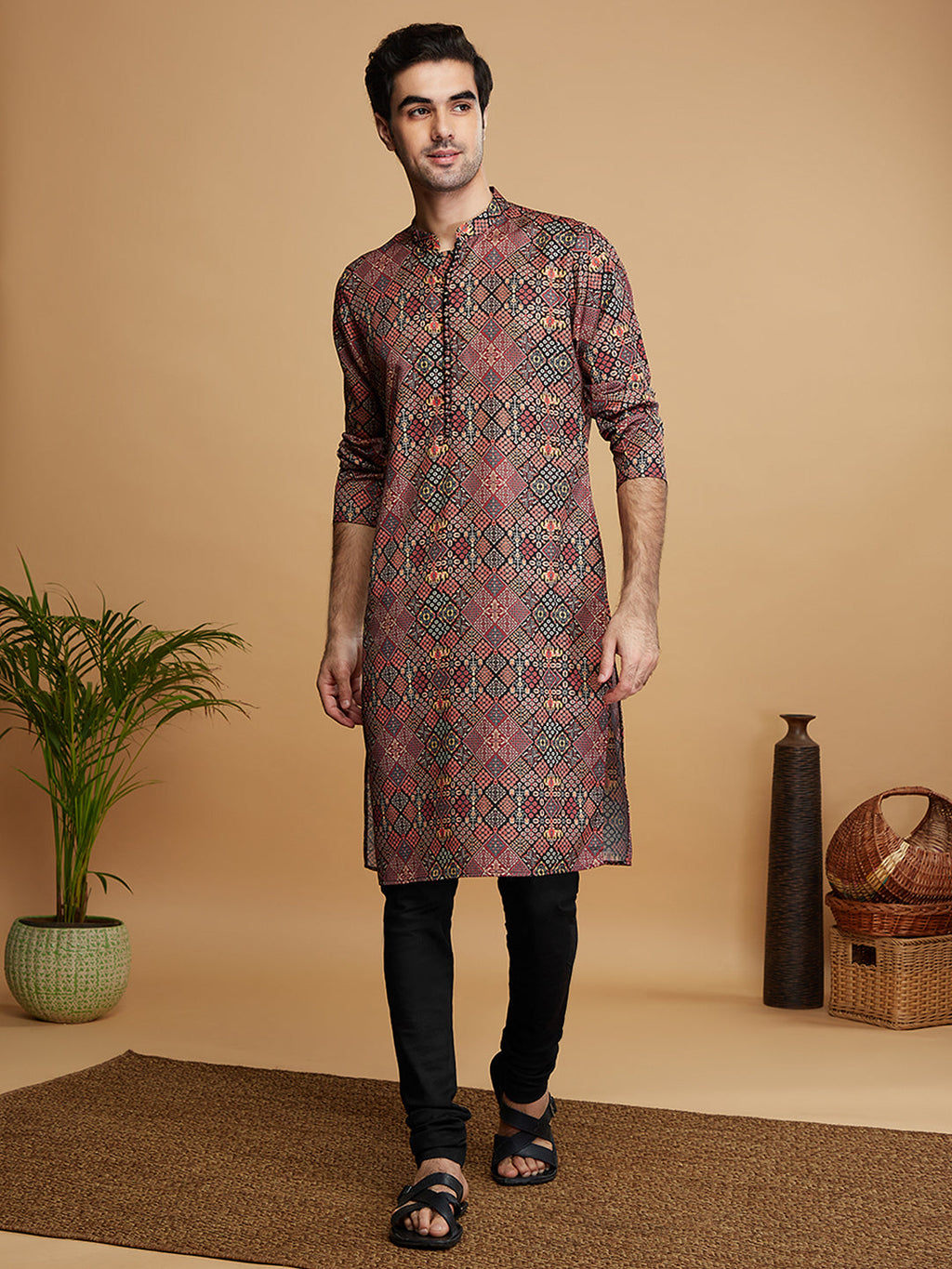 Men Black Kurta Churidar Set