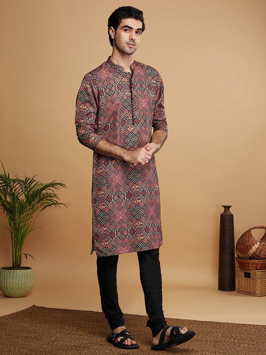 Men Black Kurta Churidar Set