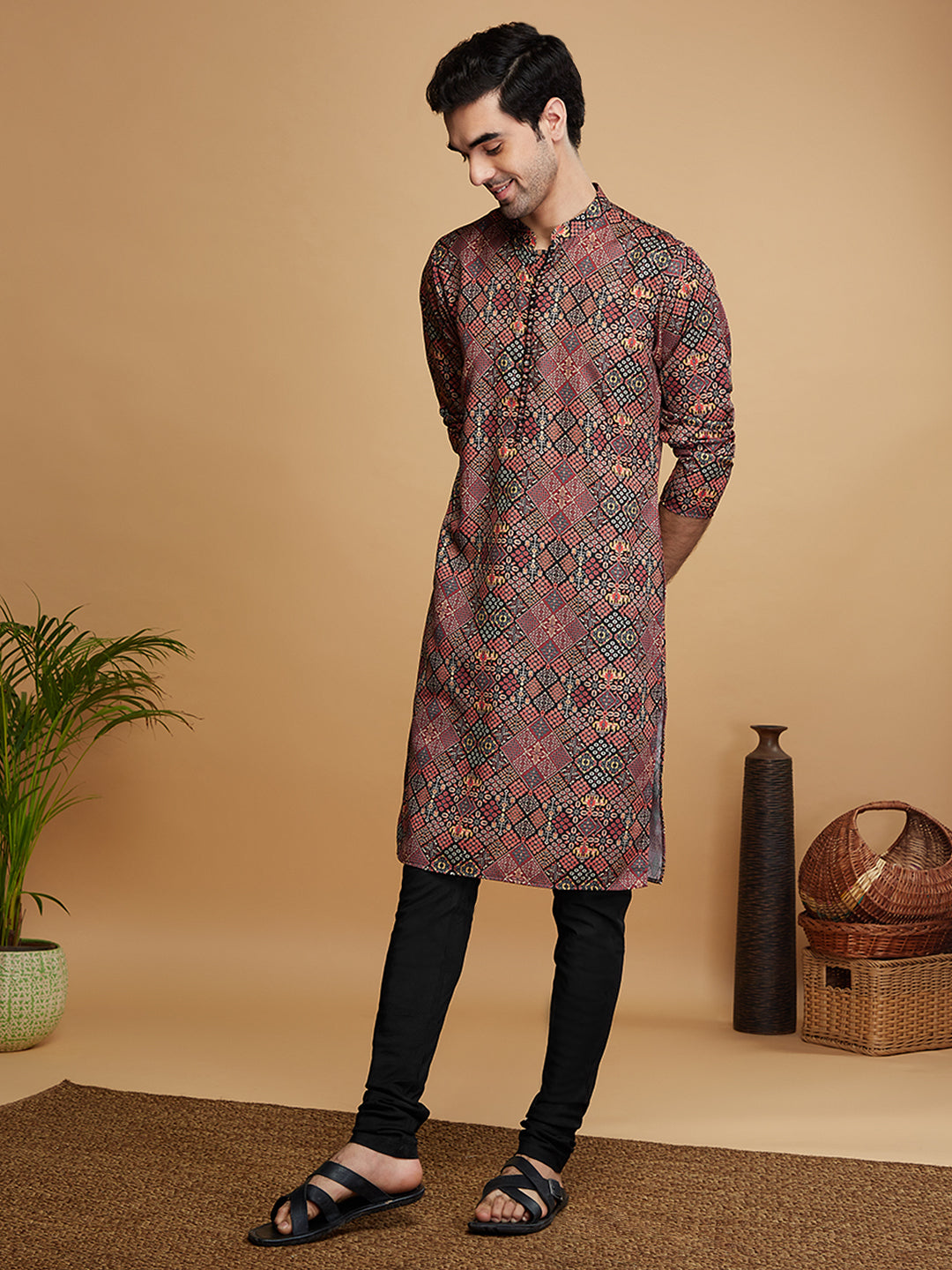 Men Black Kurta Churidar Set