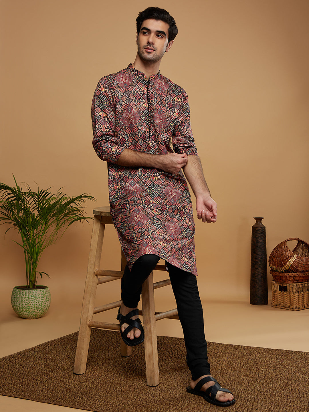 Men Black Kurta Churidar Set