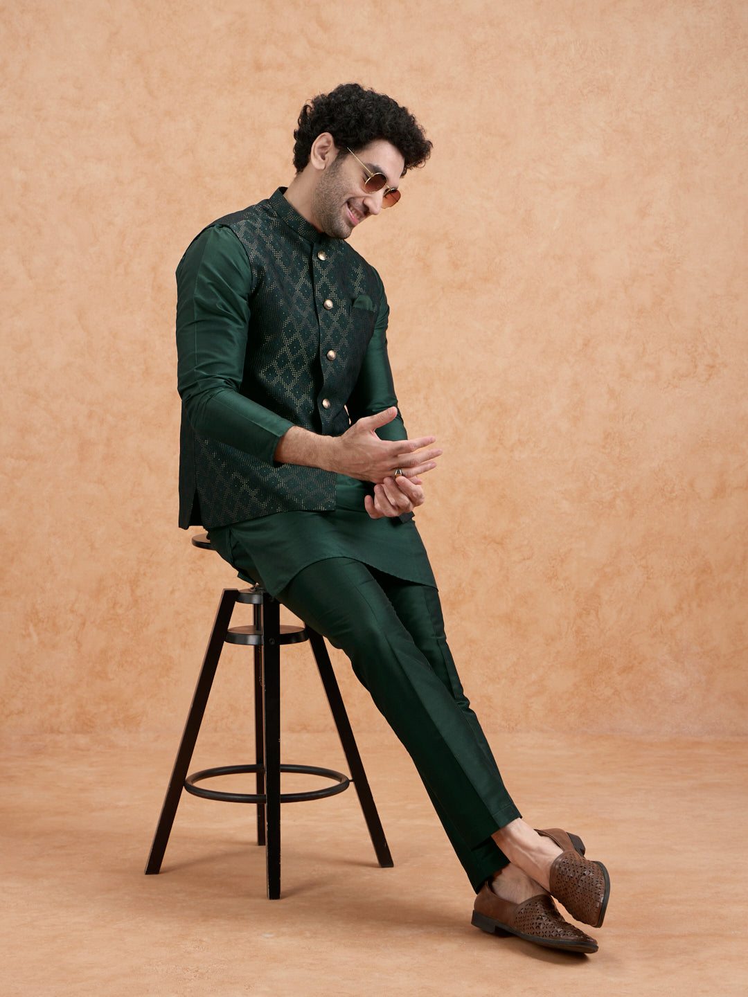 Bottle Green Silk Blend Textured Mid Kurta Jacket Trouser Set
