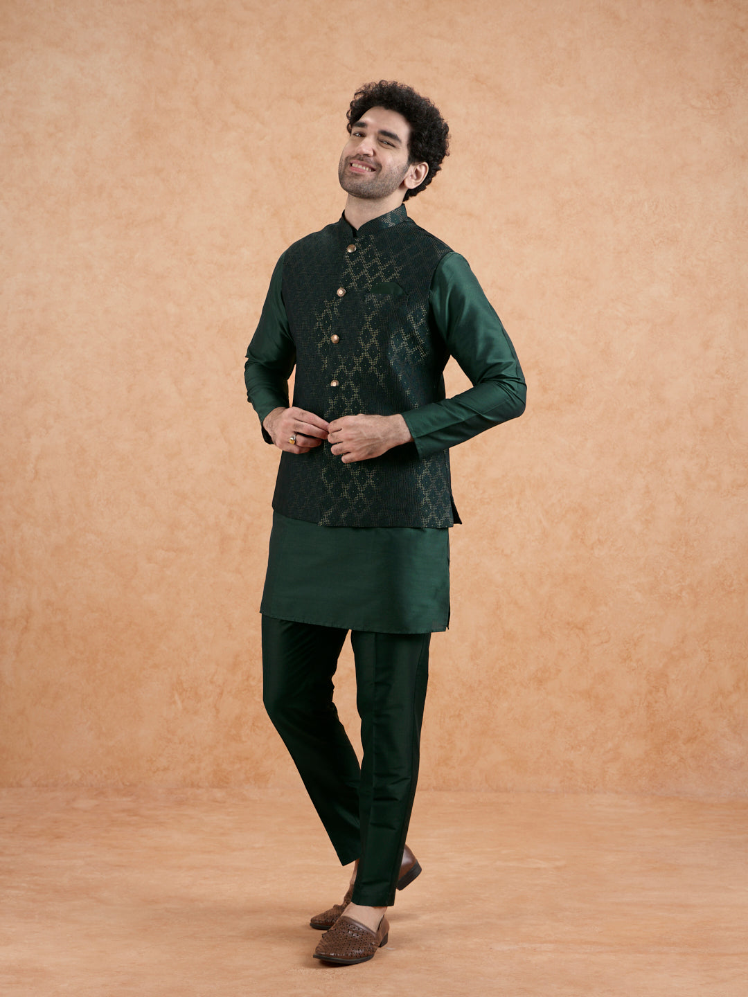 Bottle Green Silk Blend Textured Mid Kurta Jacket Trouser Set