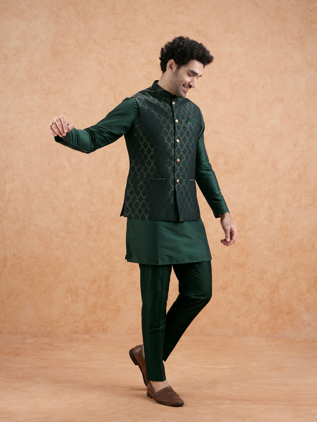 Bottle Green Silk Blend Textured Mid Kurta Jacket Trouser Set