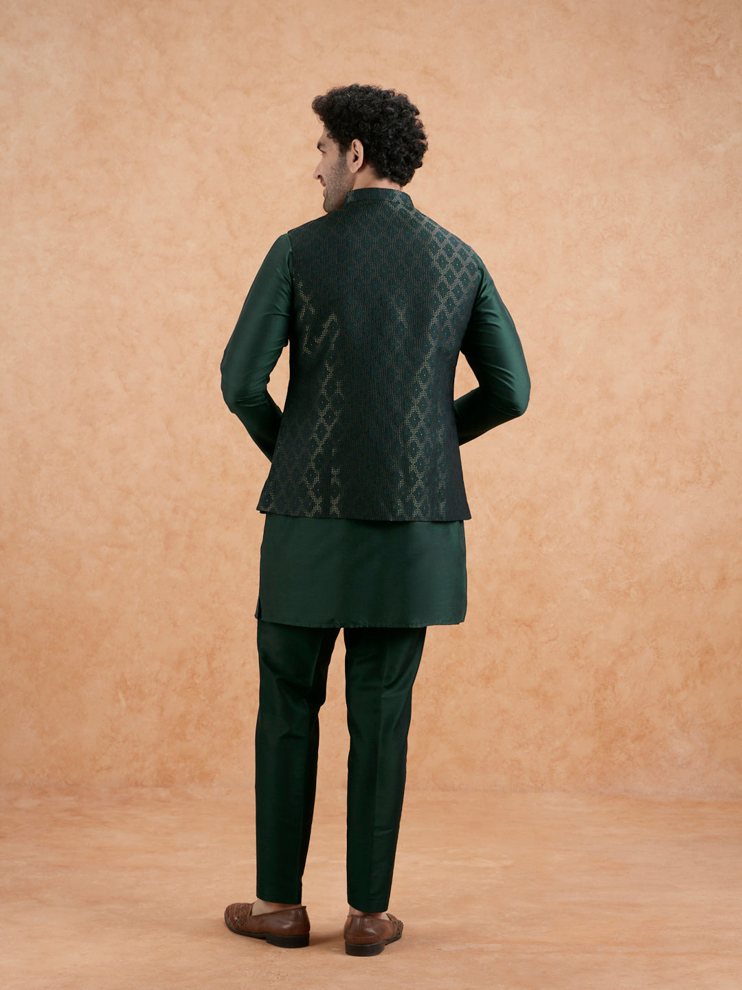 Bottle Green Silk Blend Textured Mid Kurta Jacket Trouser Set