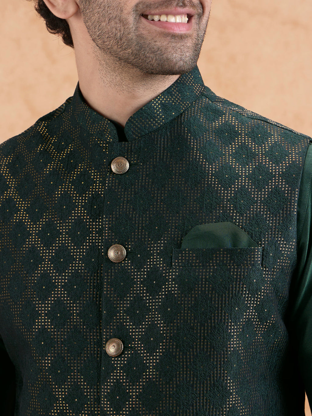 Bottle Green Silk Blend Textured Mid Kurta Jacket Trouser Set