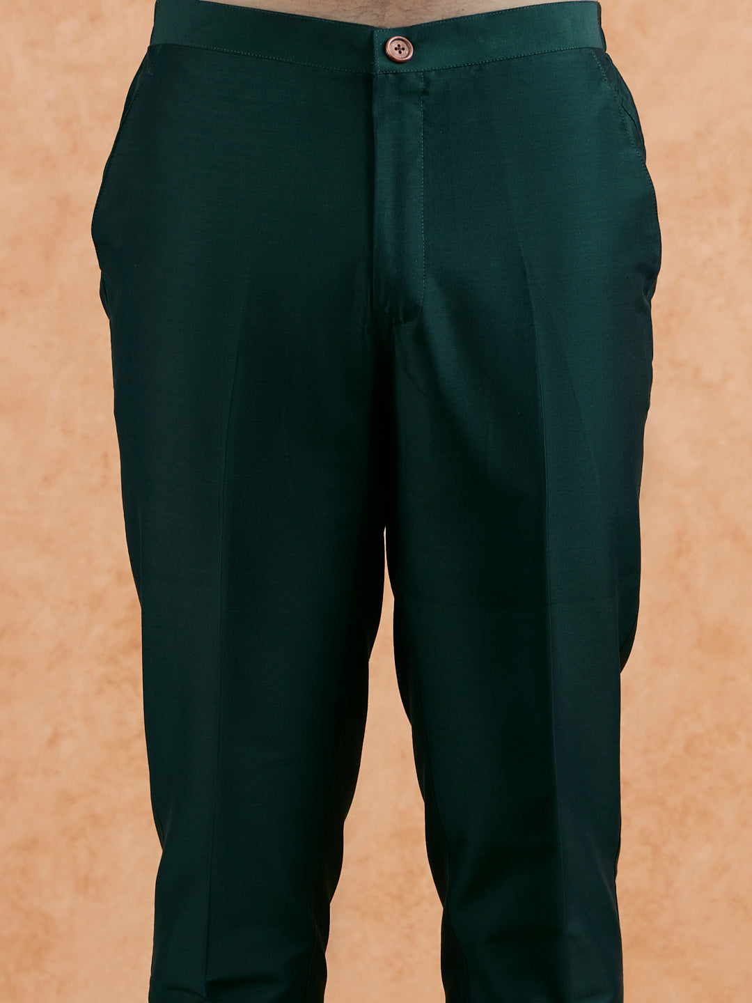 Bottle Green Silk Blend Textured Mid Kurta Jacket Trouser Set