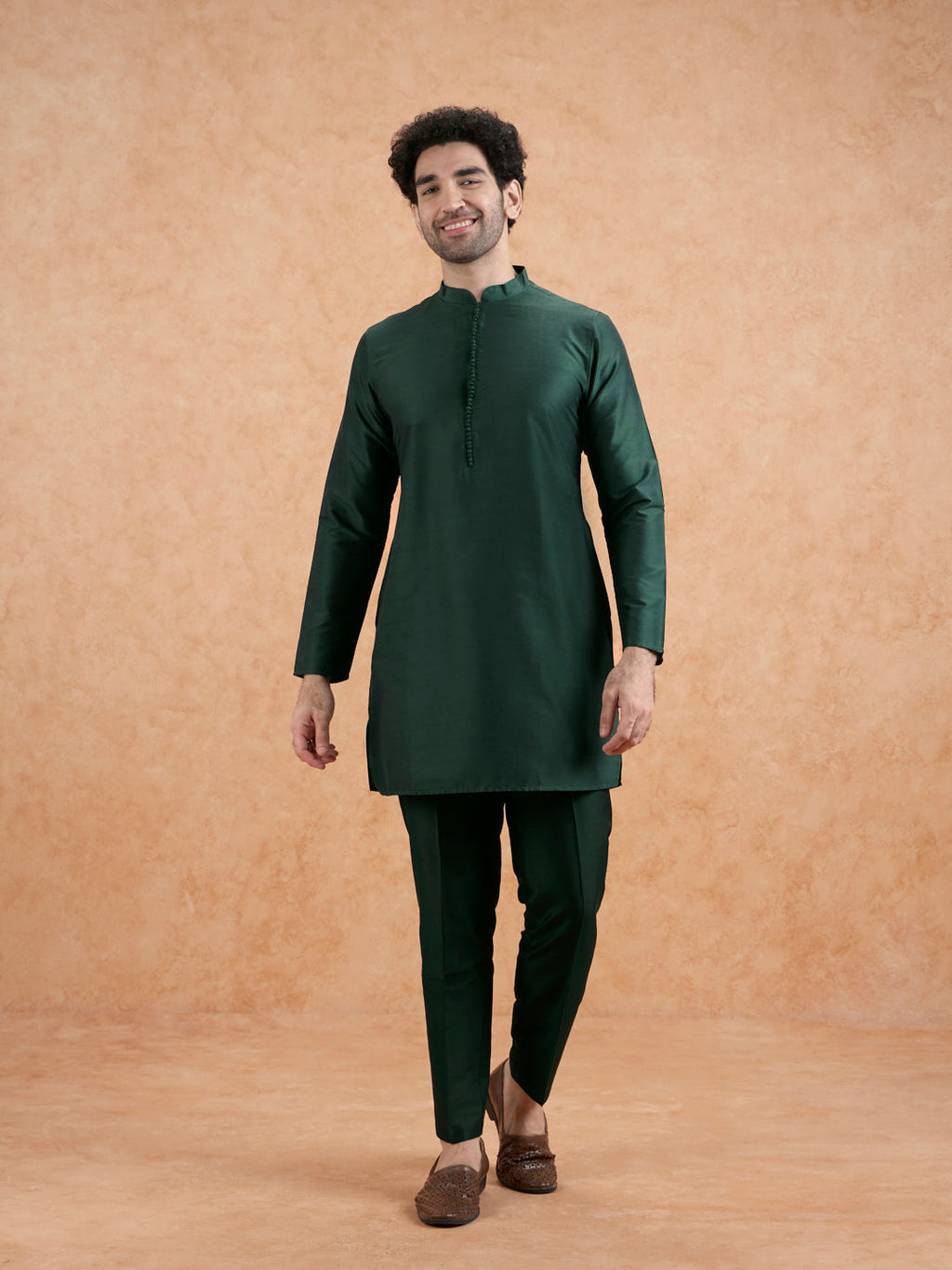 Bottle Green Silk Blend Textured Mid Kurta Jacket Trouser Set