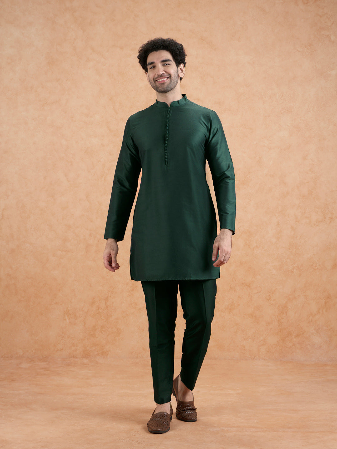 Bottle Green Silk Blend Textured Mid Kurta Jacket Trouser Set
