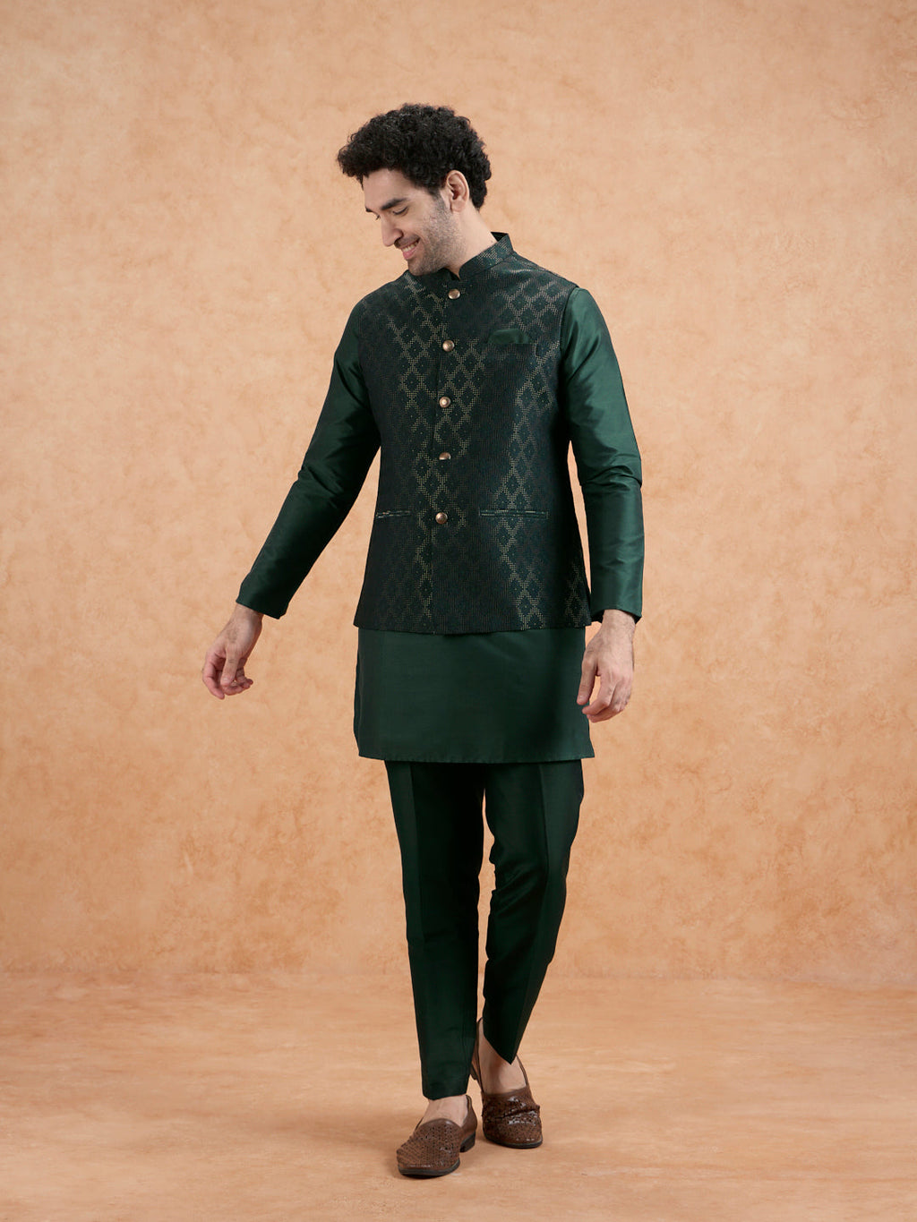 Bottle Green Silk Blend Textured Mid Kurta Jacket Trouser Set