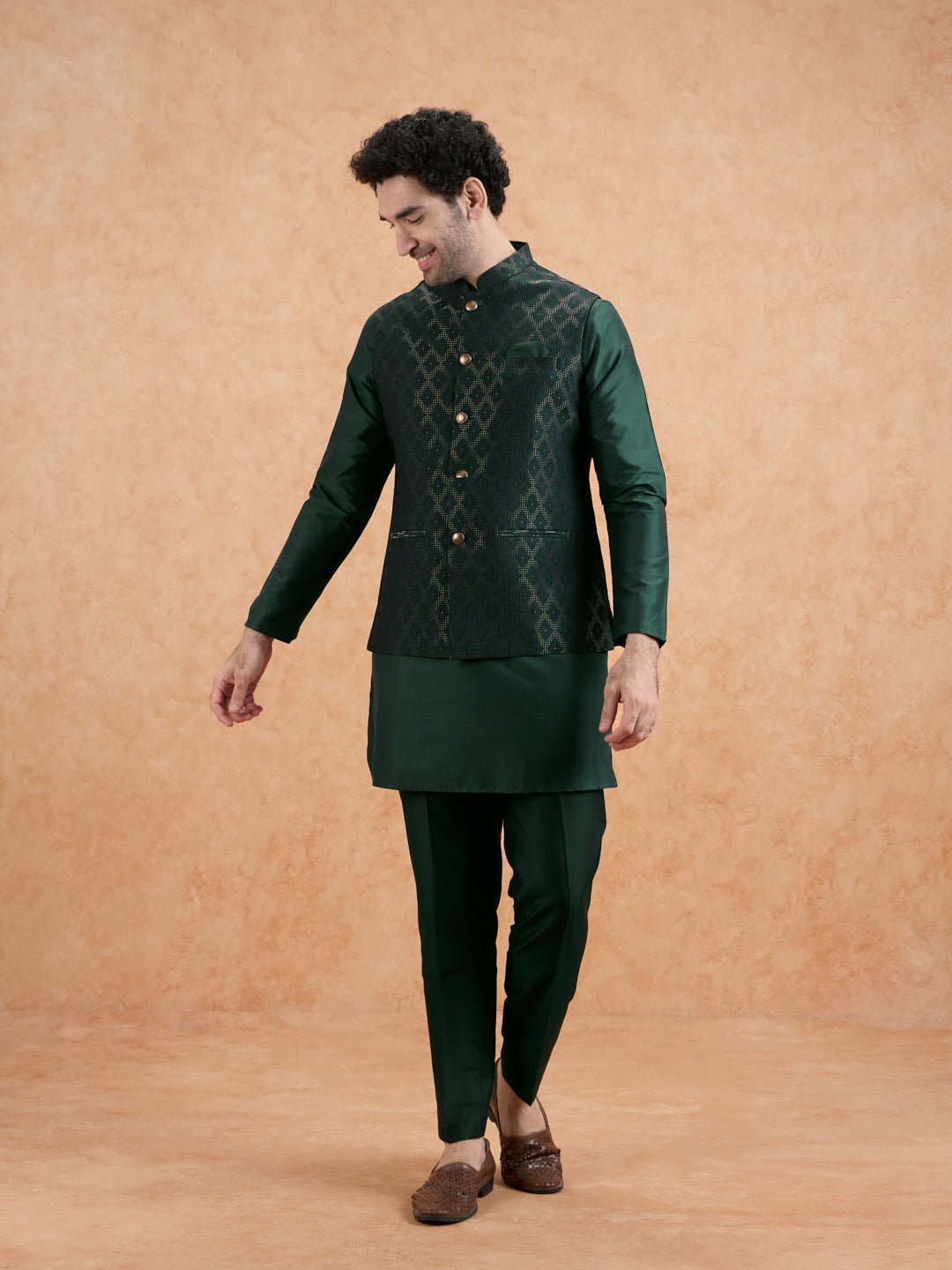 Bottle Green Silk Blend Textured Mid Kurta Jacket Trouser Set