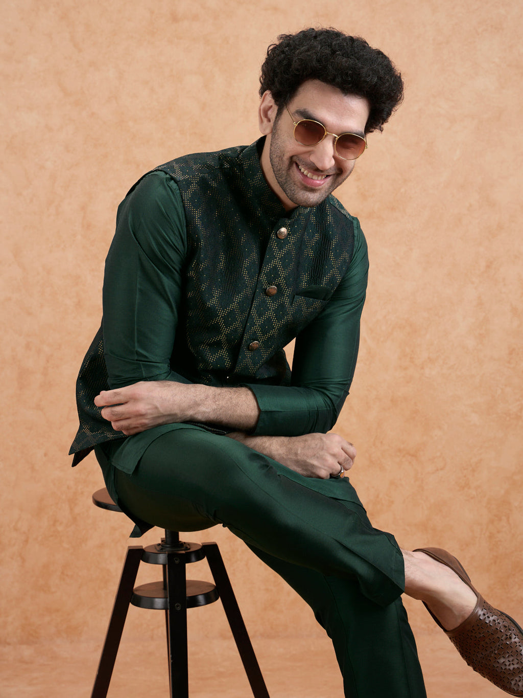 Bottle Green Silk Blend Textured Mid Kurta Jacket Trouser Set