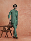 Green Silk Blend Embellished Mid Kurta Front Open Long Jacket Trouser Set