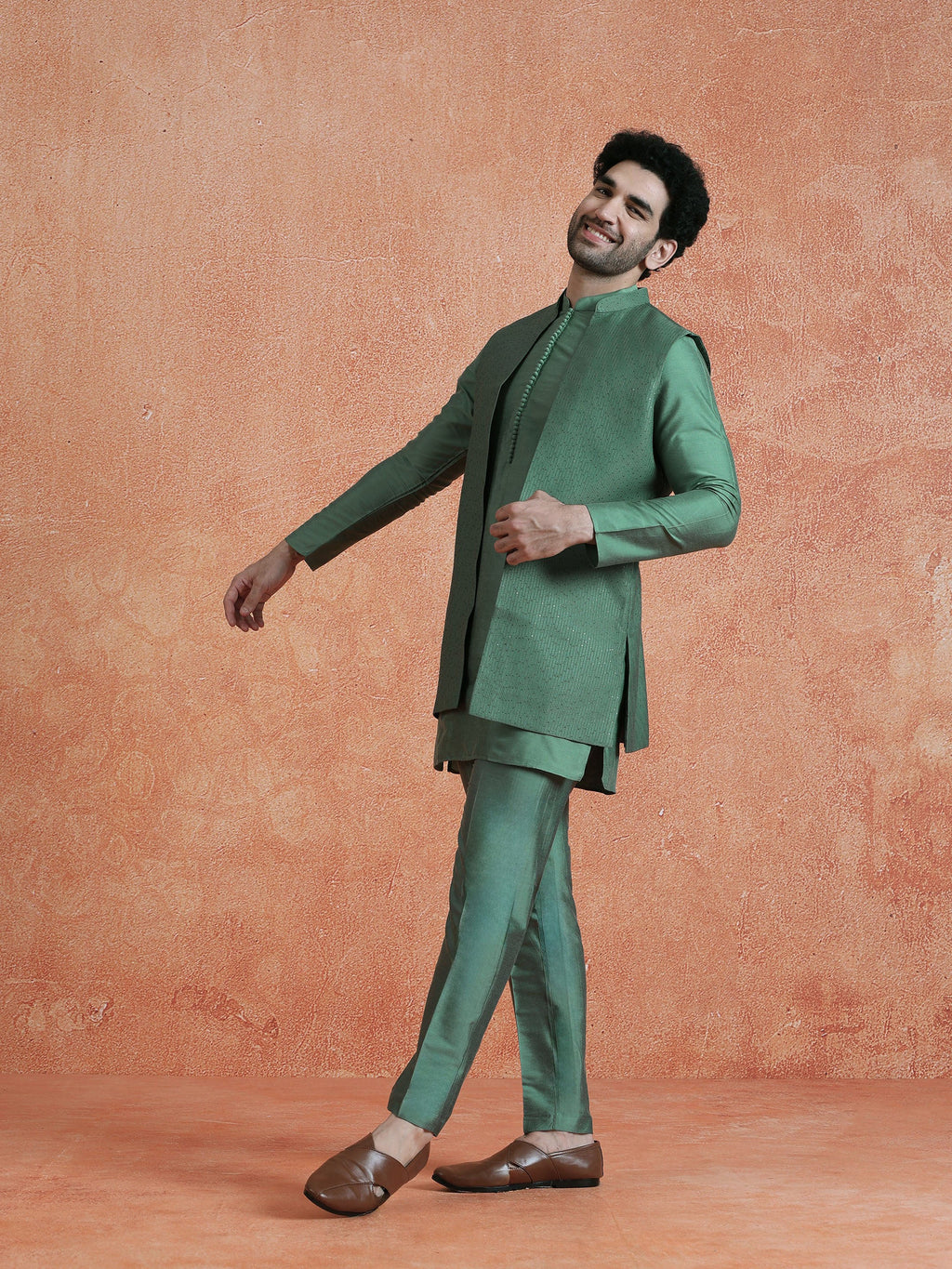 Green Silk Blend Embellished Mid Kurta Front Open Long Jacket Trouser Set