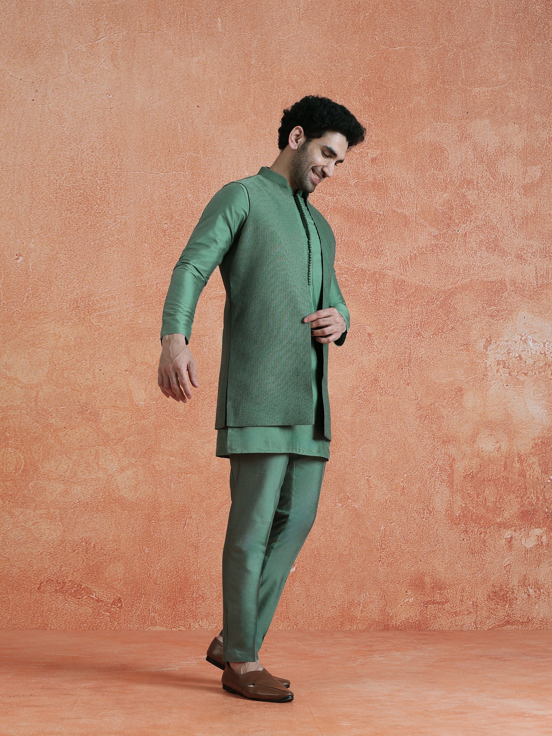 Green Silk Blend Embellished Mid Kurta Front Open Long Jacket Trouser Set