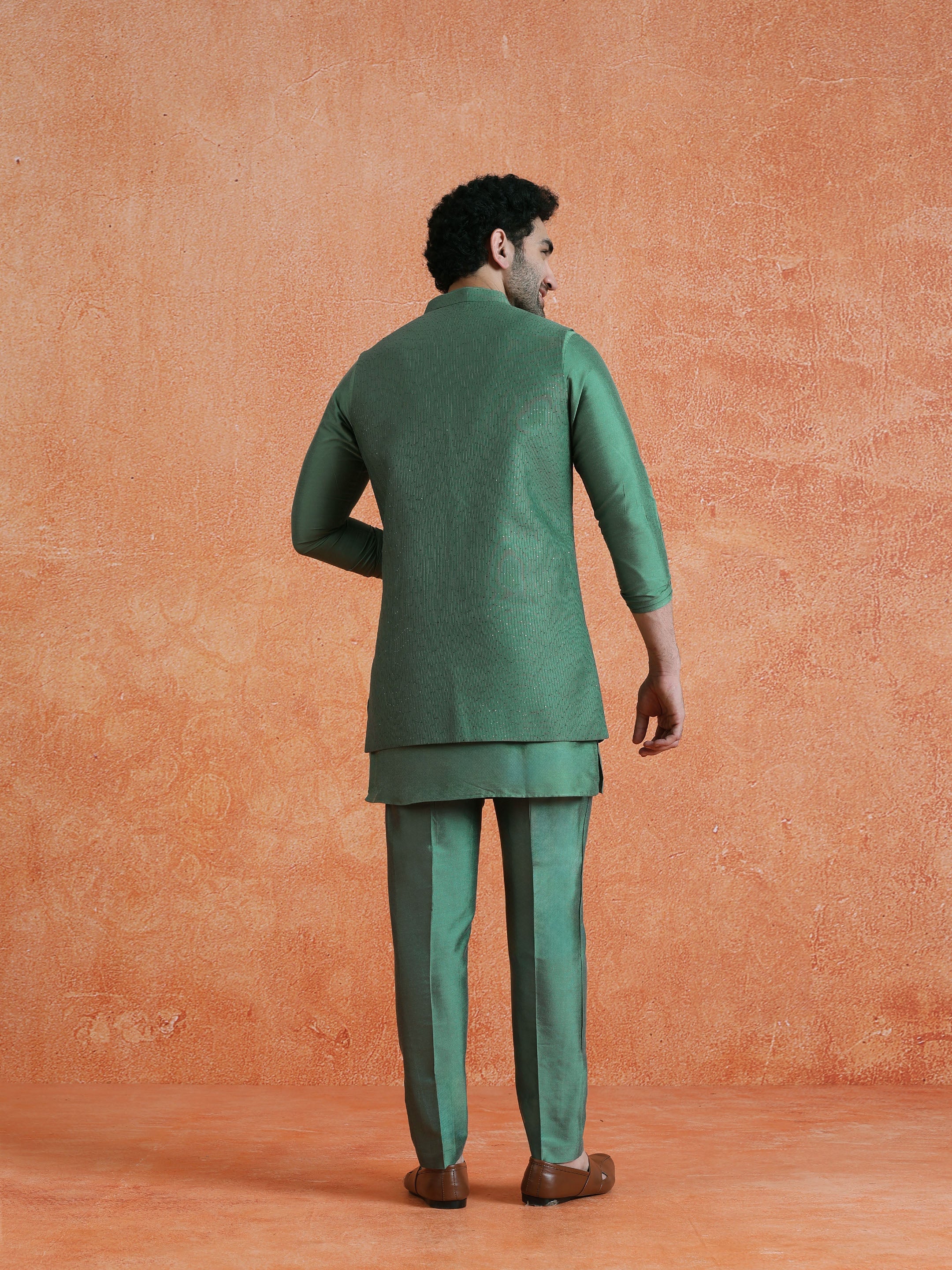Green Silk Blend Embellished Mid Kurta Front Open Long Jacket Trouser Set