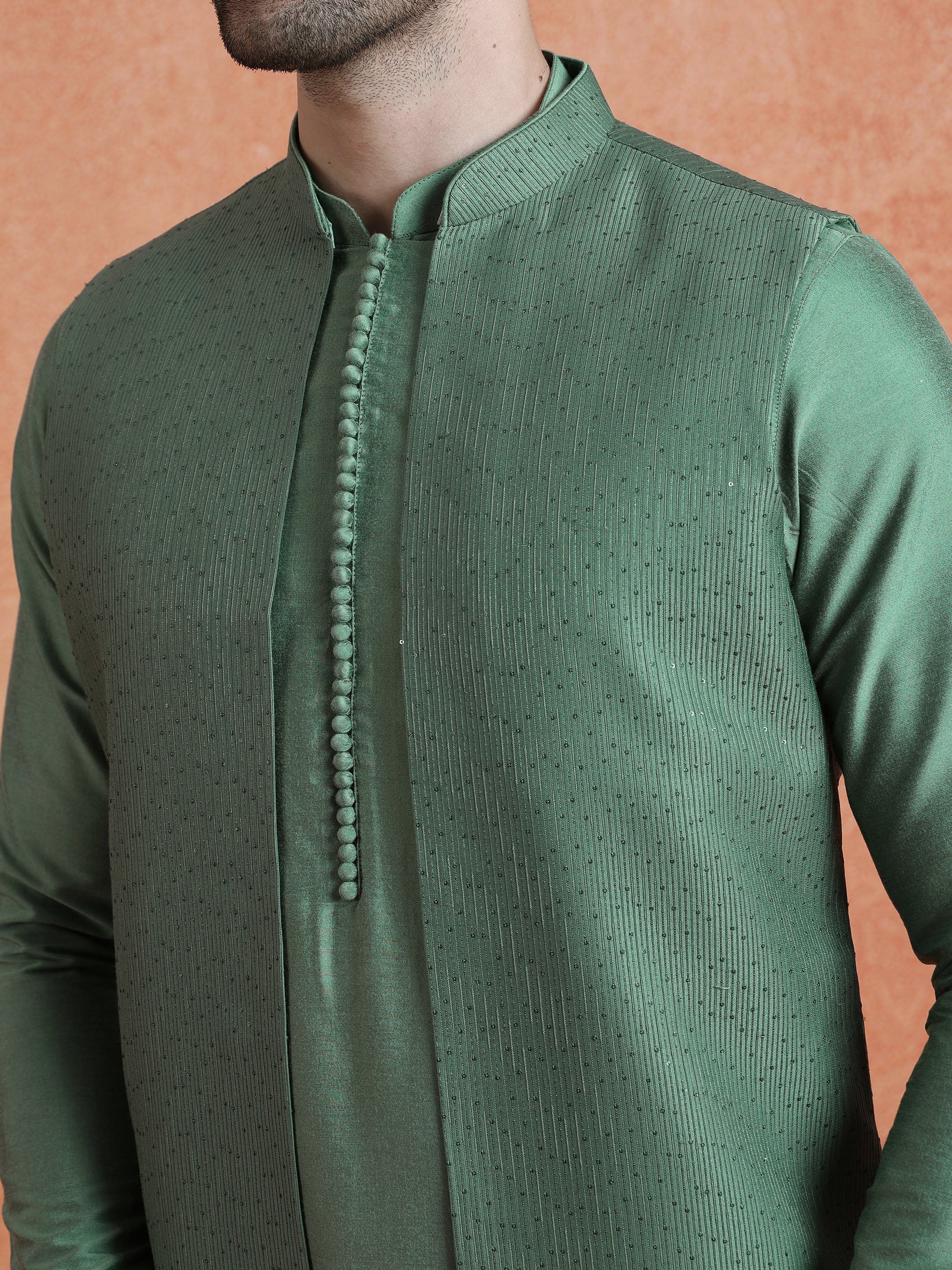 Green Silk Blend Embellished Mid Kurta Front Open Long Jacket Trouser Set