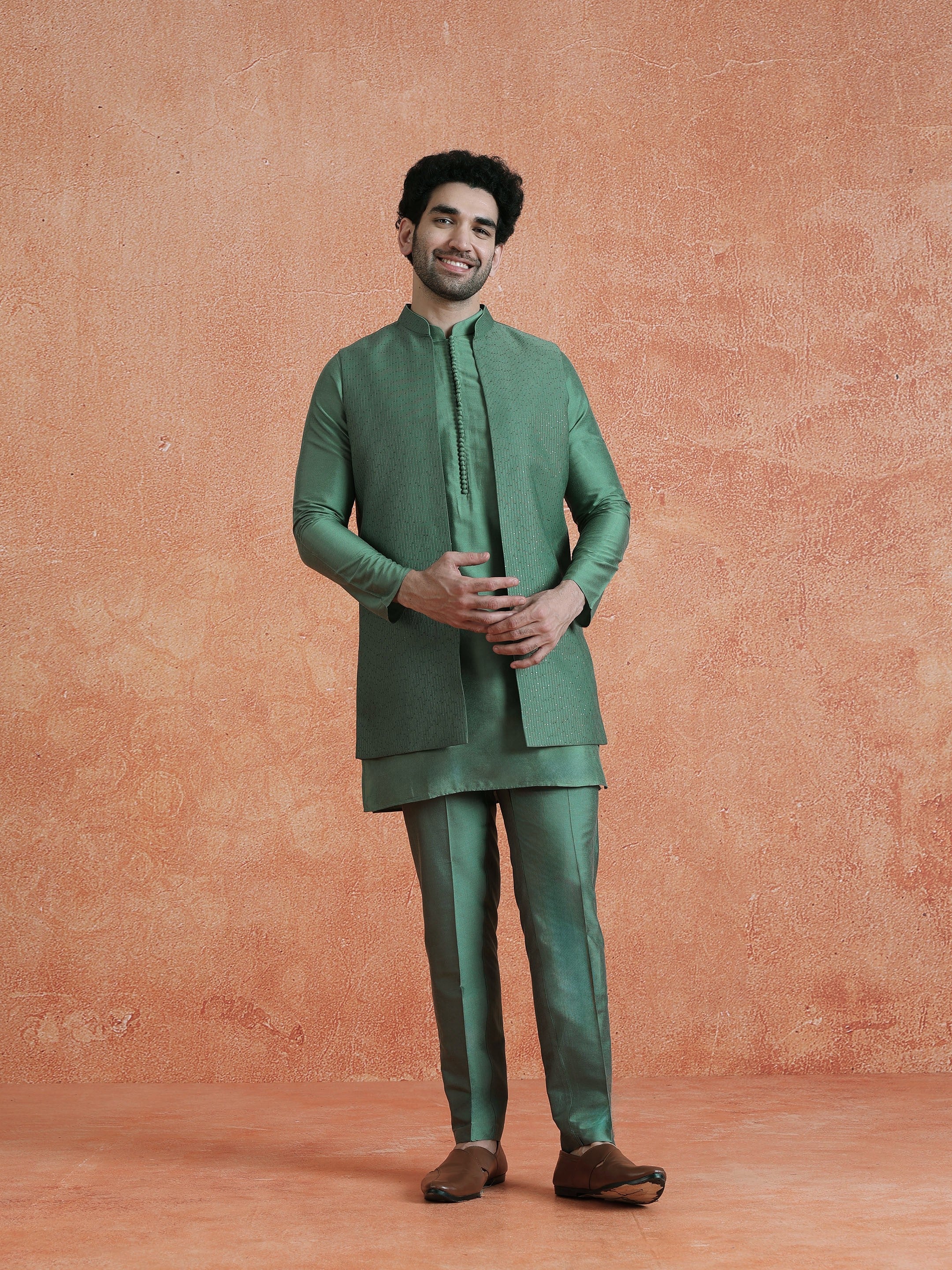 Green Silk Blend Embellished Mid Kurta Front Open Long Jacket Trouser Set