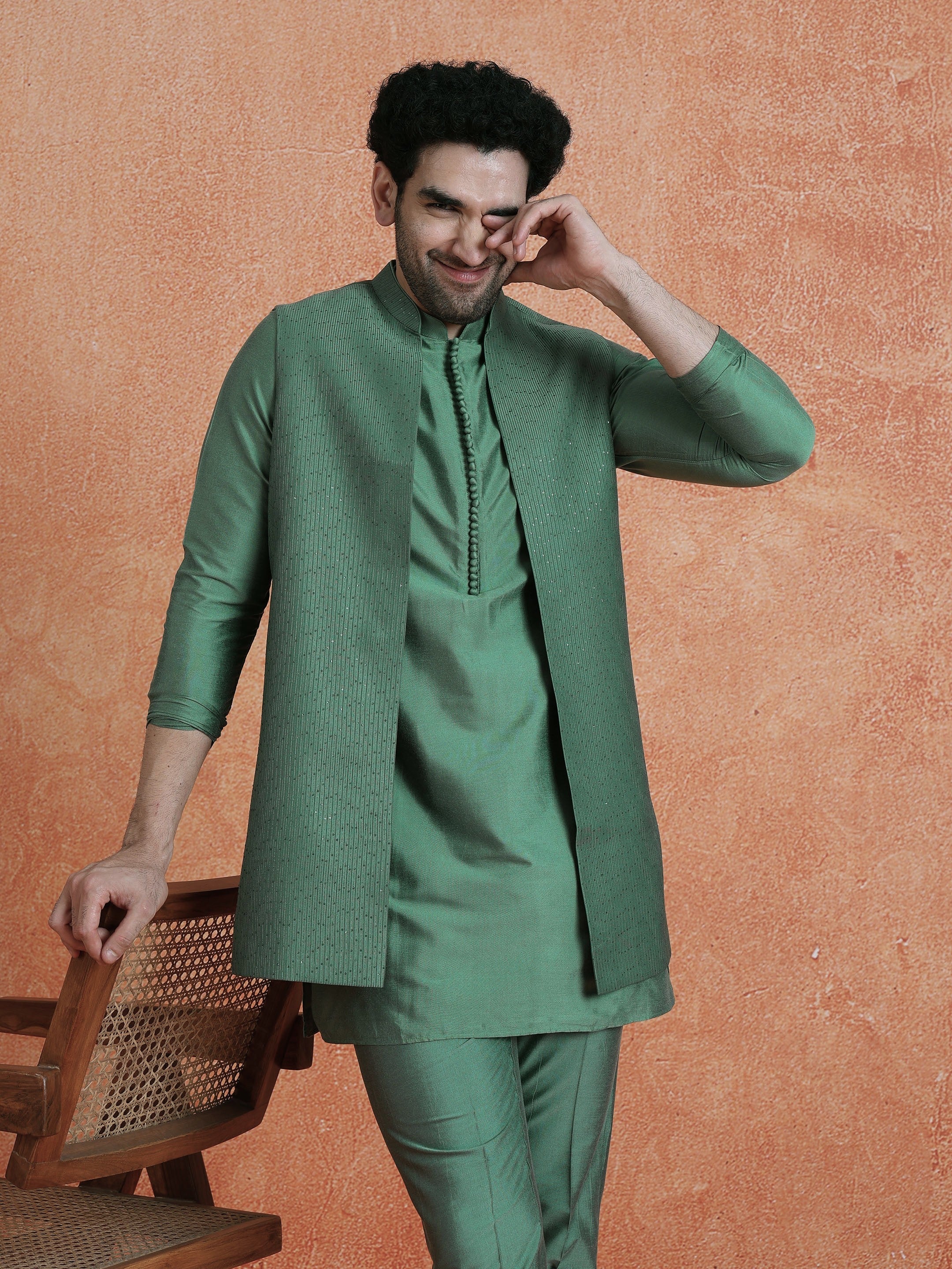 Green Silk Blend Embellished Mid Kurta Front Open Long Jacket Trouser Set