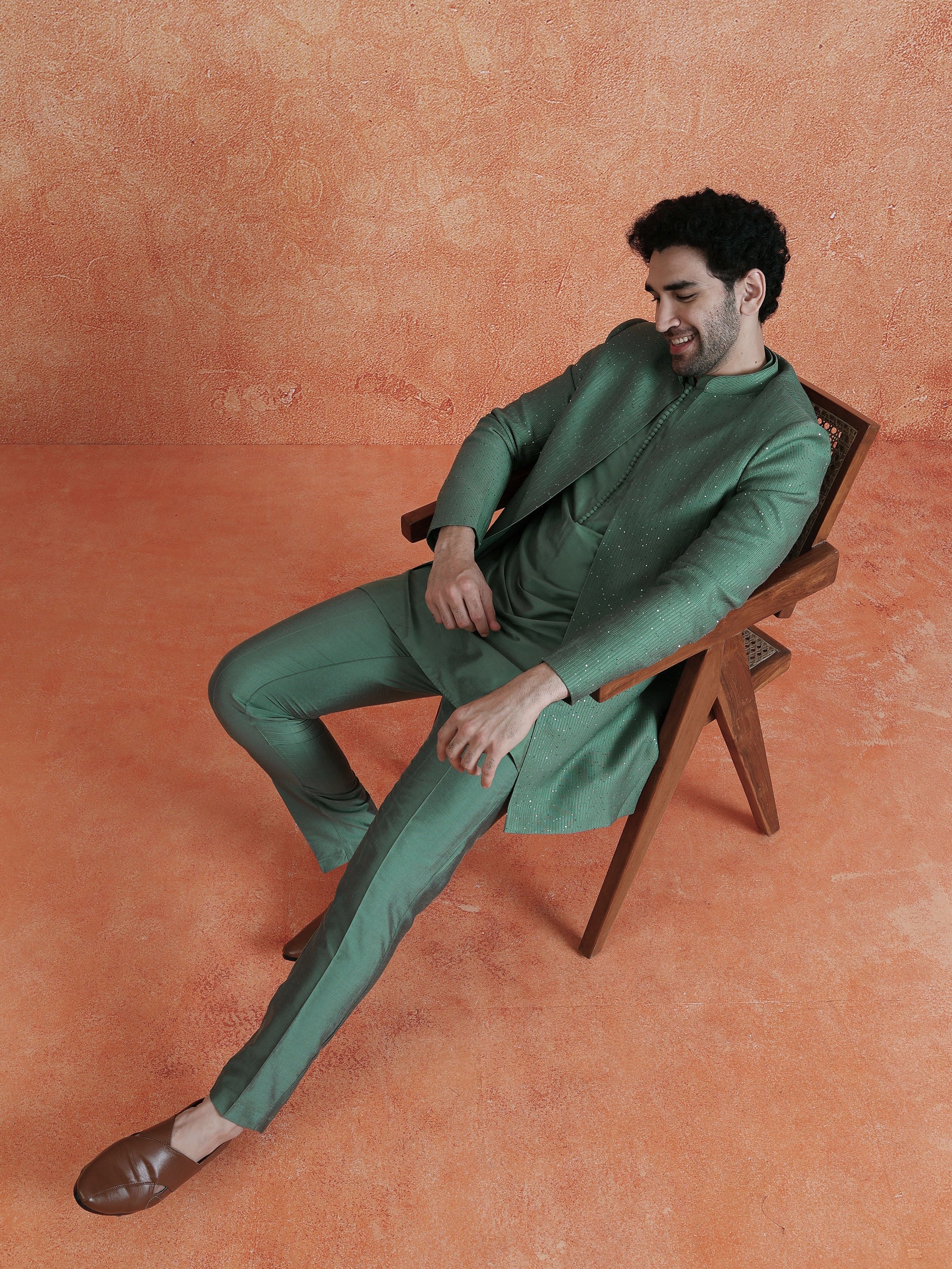 Green Silk Blend Jacquard Mid Kurta Front Open Sherwani Trouser Set