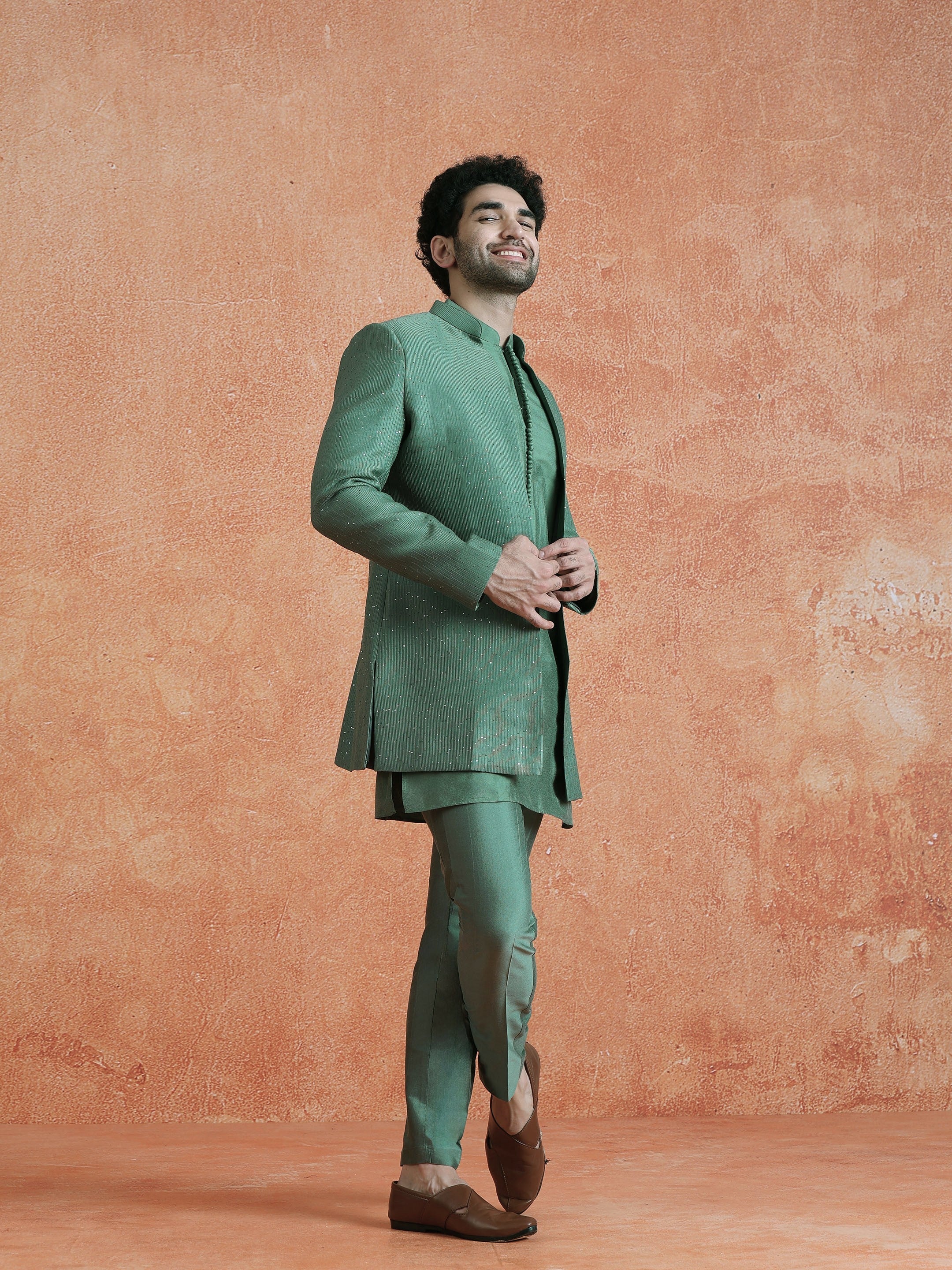 Green Silk Blend Jacquard Mid Kurta Front Open Sherwani Trouser Set