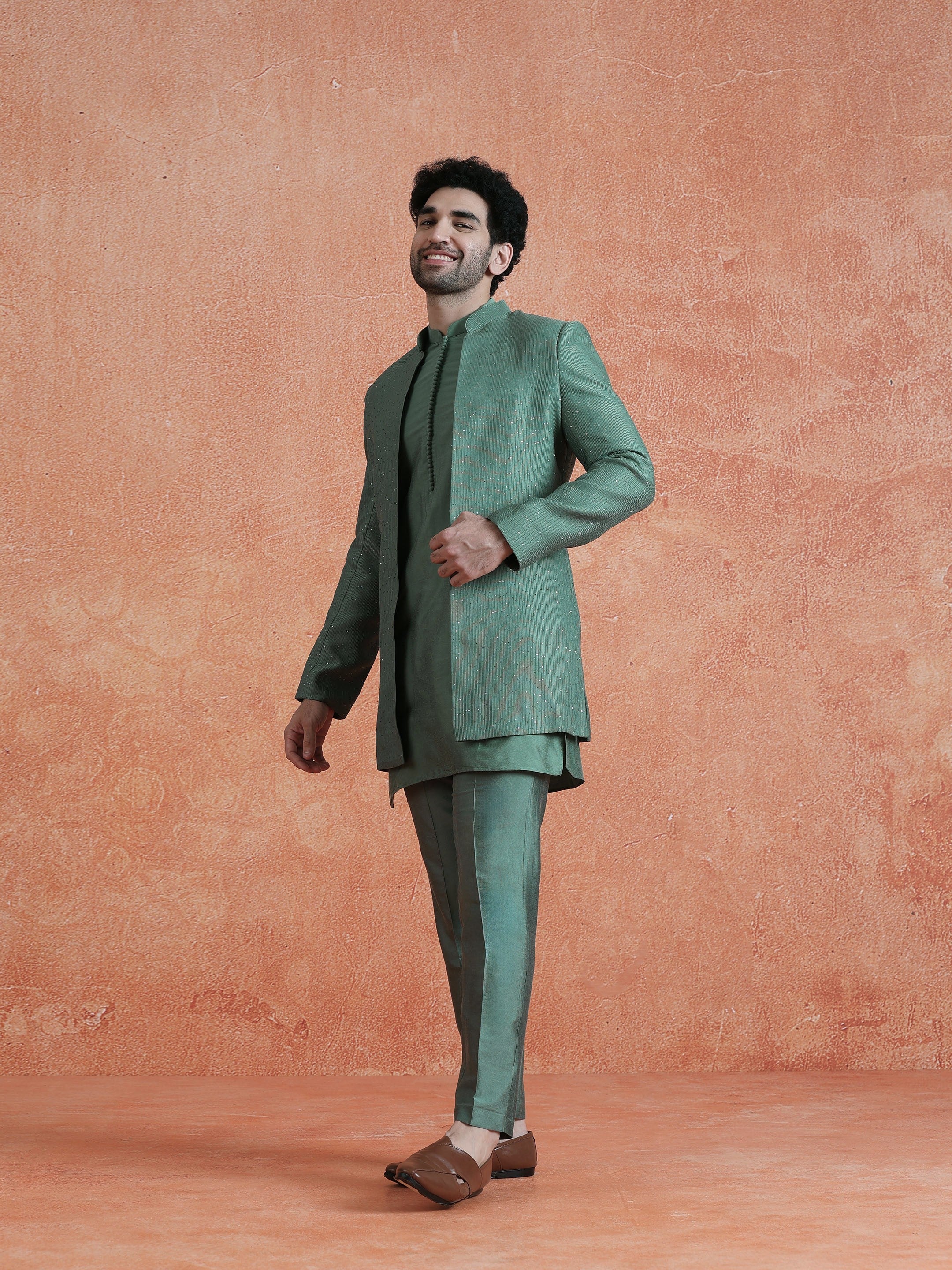 Green Silk Blend Jacquard Mid Kurta Front Open Sherwani Trouser Set