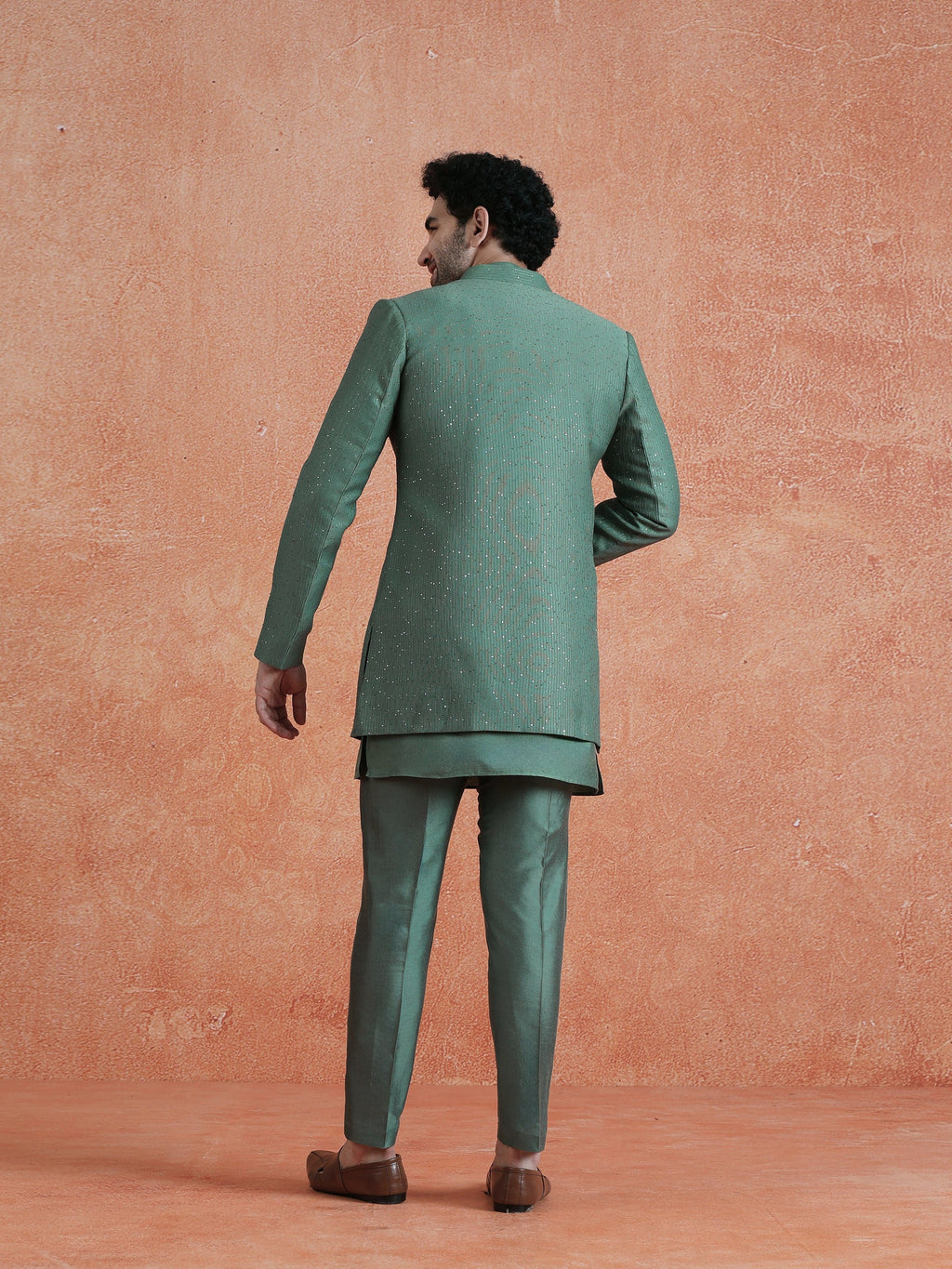 Green Silk Blend Jacquard Mid Kurta Front Open Sherwani Trouser Set