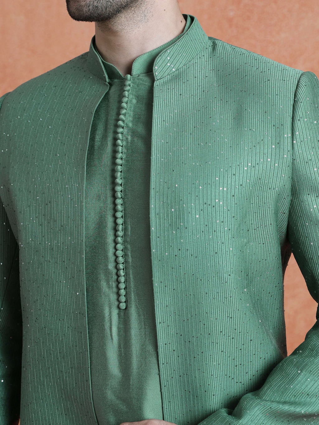 Green Silk Blend Jacquard Mid Kurta Front Open Sherwani Trouser Set